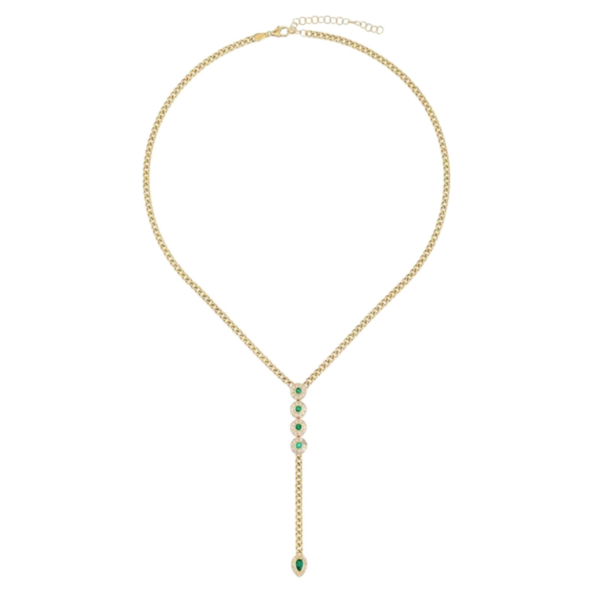 Collana a laccio in oro giallo 14 carati con diamanti e smeraldi da 0,7 carati
