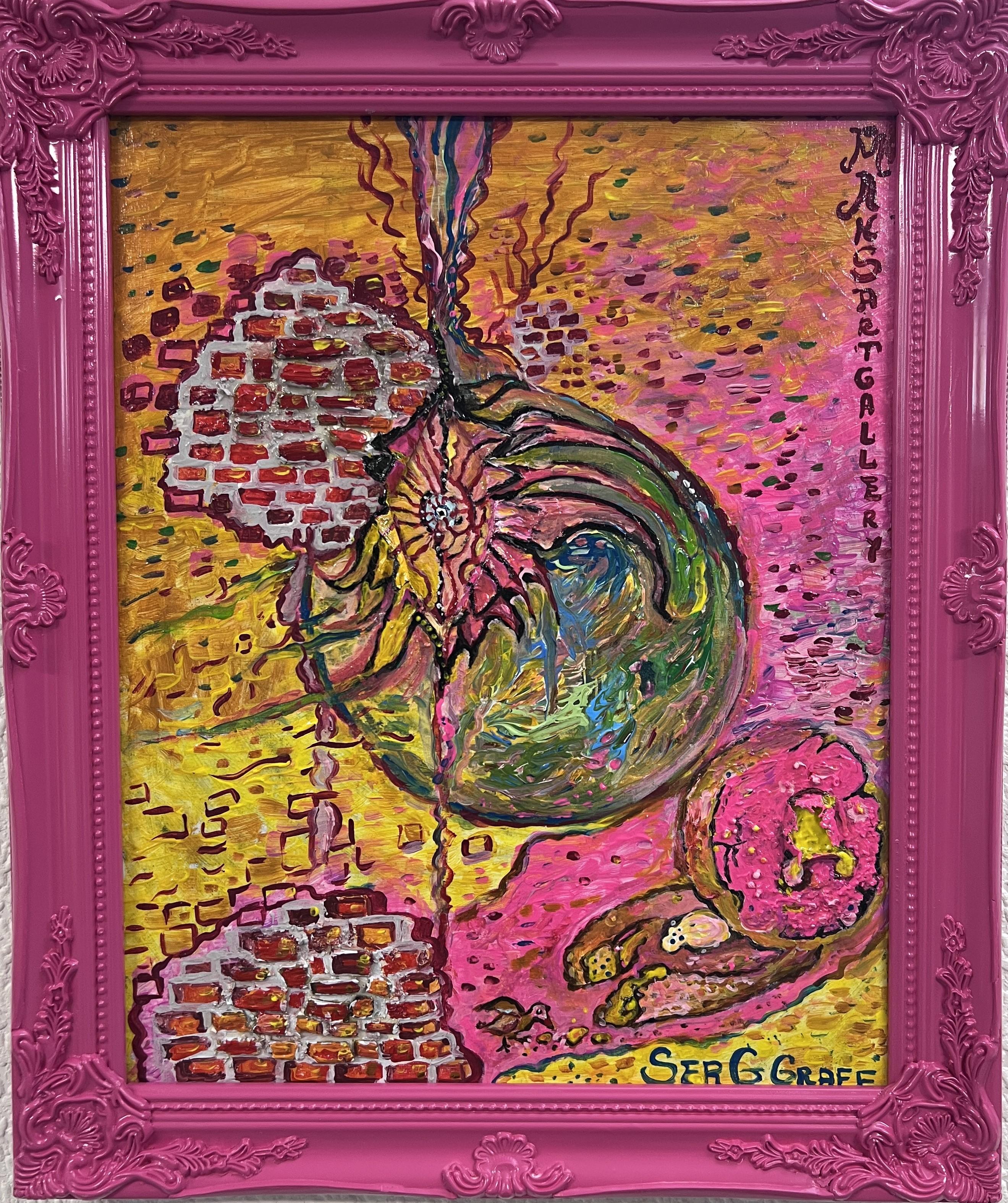 This is a unique original acrylic/mixed media textured painting on canvas in a fantasy abstract style by Serg Graff Titled "Donut". Very detailed. Bright colors and textured elements make this painting 3D and absolutely gorgeous.

It comes signed,