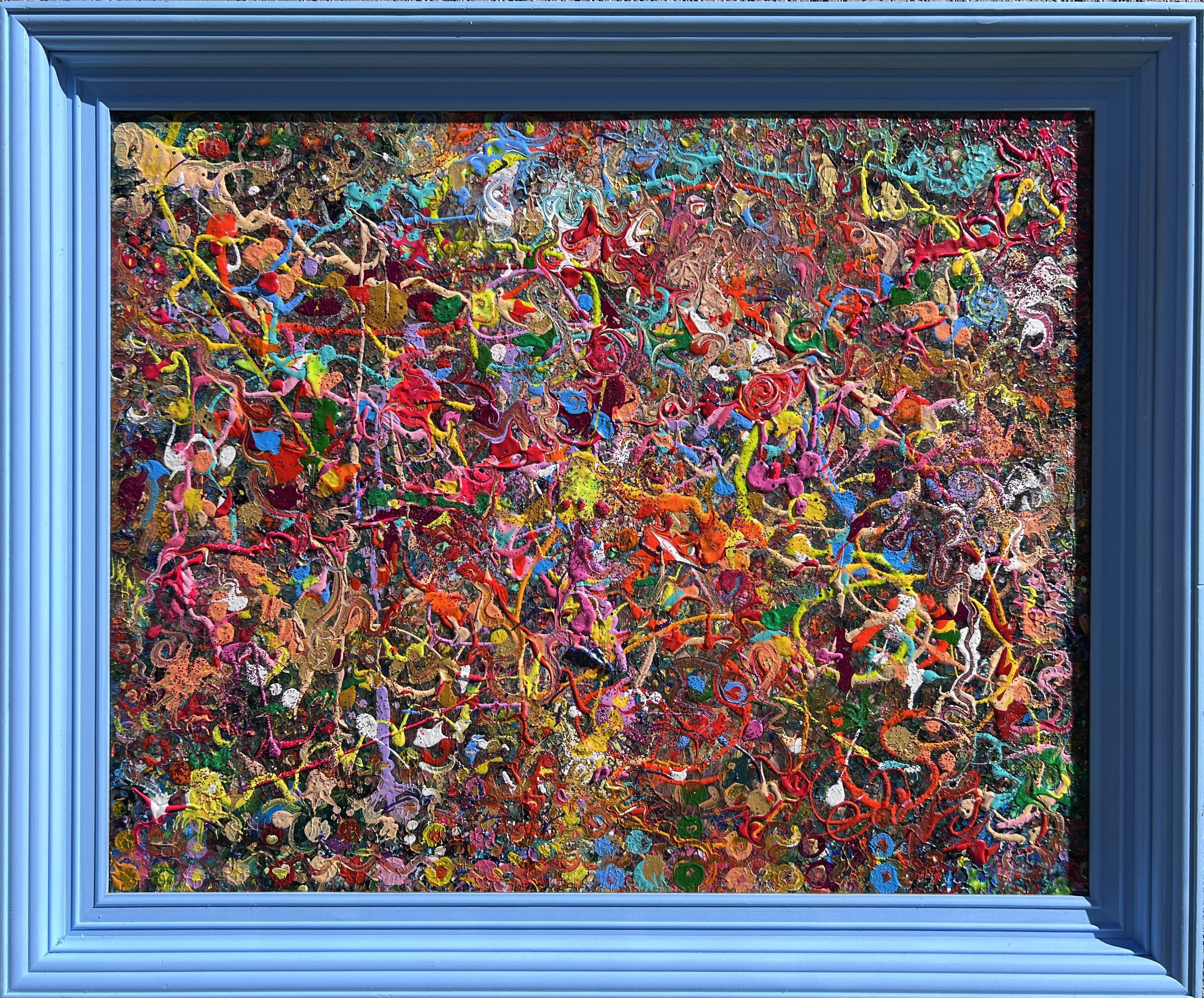 Questo dipinto è una vibrante esplosione di colori e texture, che presenta una composizione astratta che irradia energia e spontaneità. La tela è fitta di linee vorticose, schizzi e punti di colori vivaci, tra cui rossi, gialli, blu, verdi e rosa,