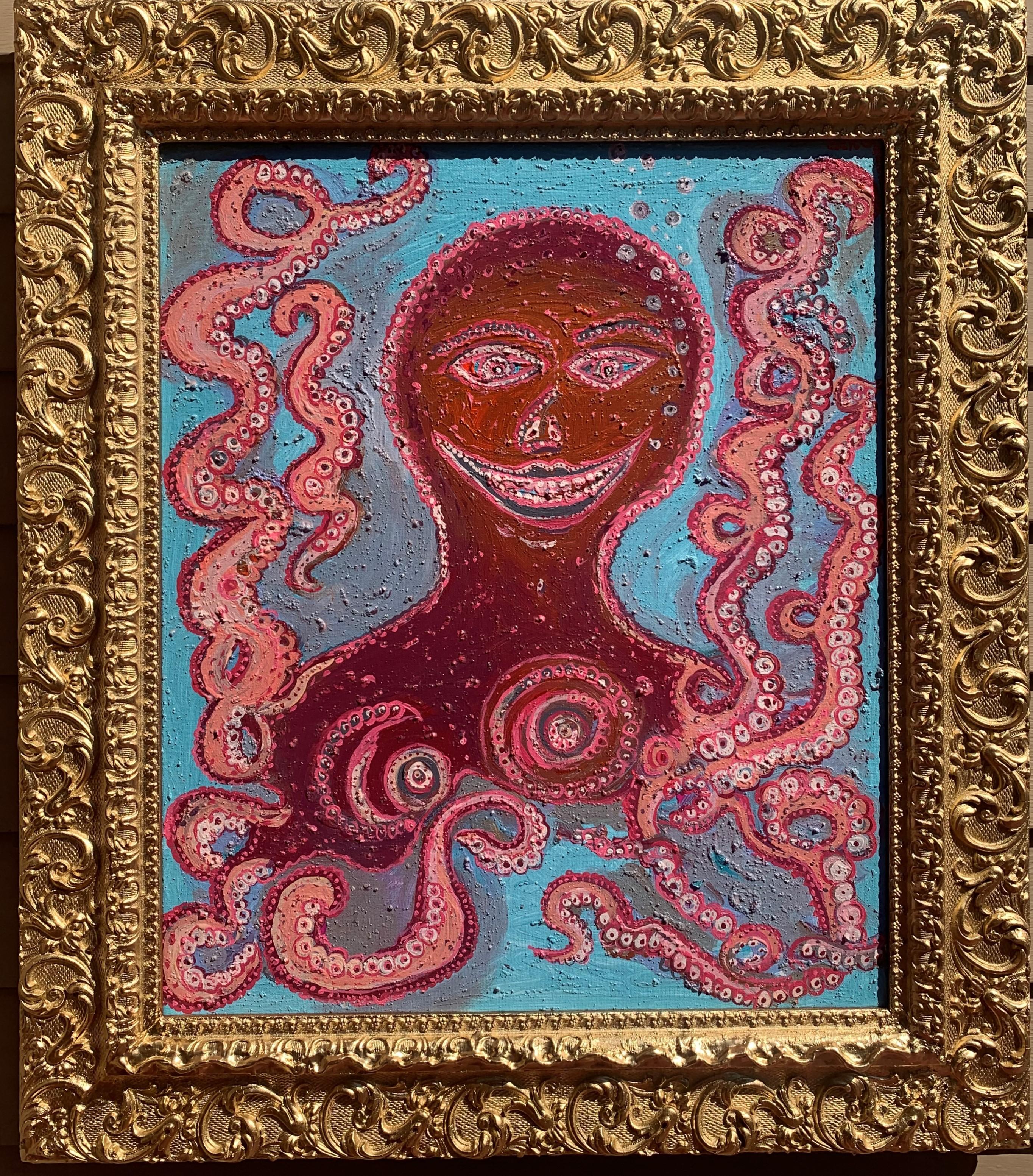 This is a one-of-a-kind original acrylic painting on canvas by contemporary artist Serg Graff, titled "Funny Octopus on Vacation." Painted in a fantasy abstract style with bold texture and joyful energy, the artwork features a smiling octopus with