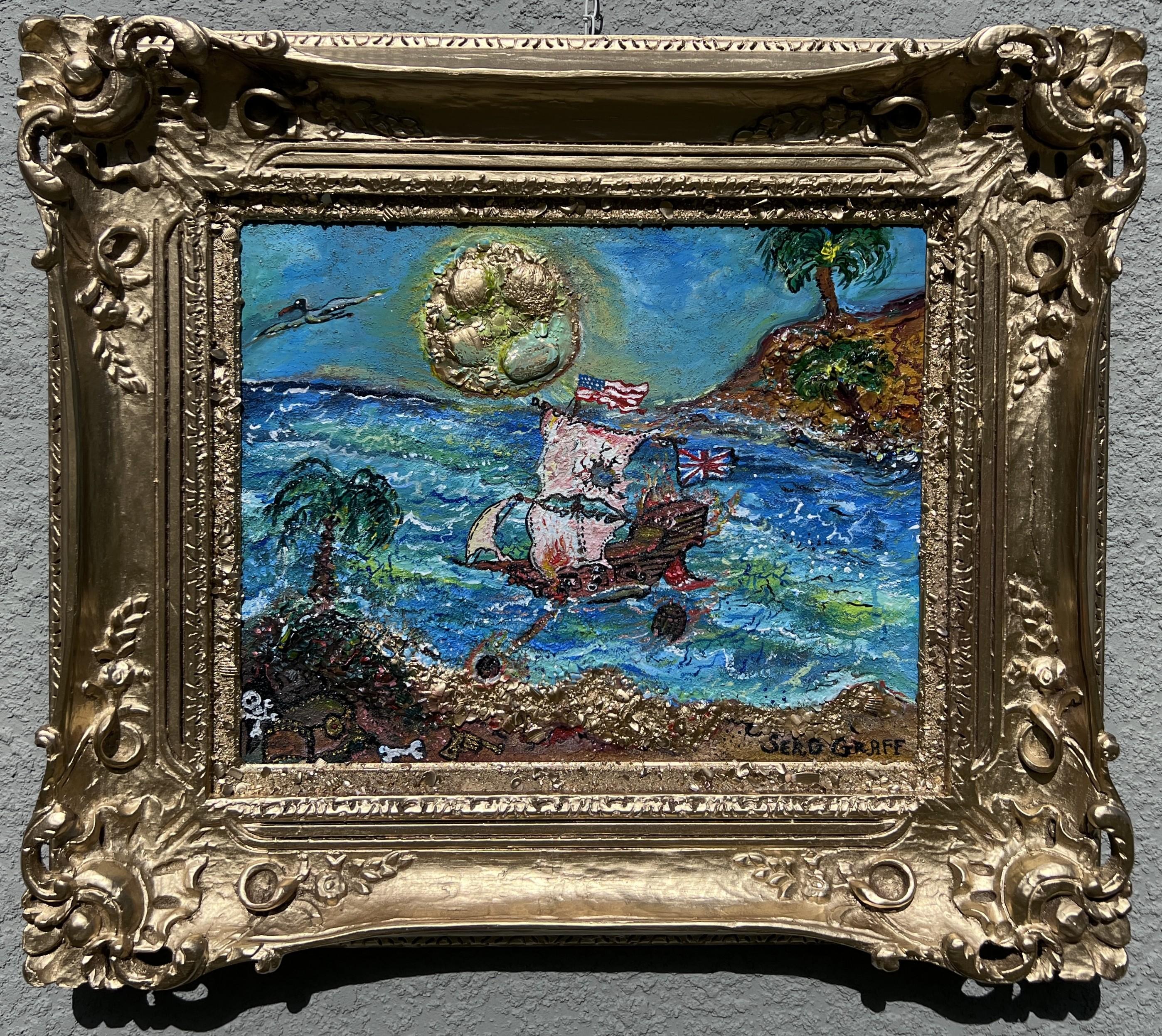 Questo vibrante dipinto a tecnica mista di Serg Graff esplode di energia stravagante e di dettagli strutturati, raffigurando una fantastica scena marittima. Una nave pirata ornata di bandiere americane e britanniche naviga in un mare agitato e dai