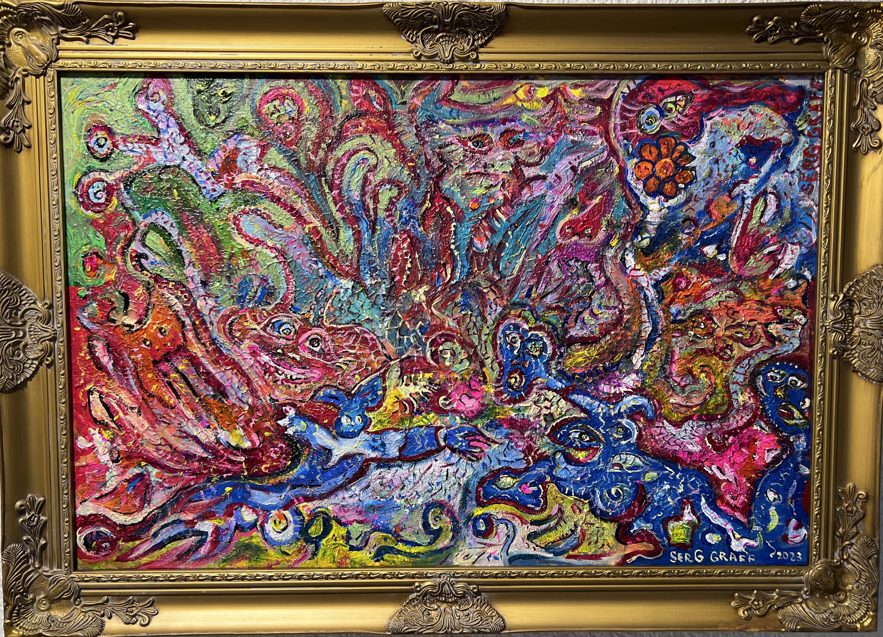 Dieses kühne und lebendige Gemälde von Serg Graff mit dem Titel "Funny Coloring Pages" ist ein einzigartiges großformatiges Werk aus Acryl auf Leinwand, das in einem reich strukturierten abstrakten Fantasiestil ausgeführt wurde.

Ein Aufruhr von
