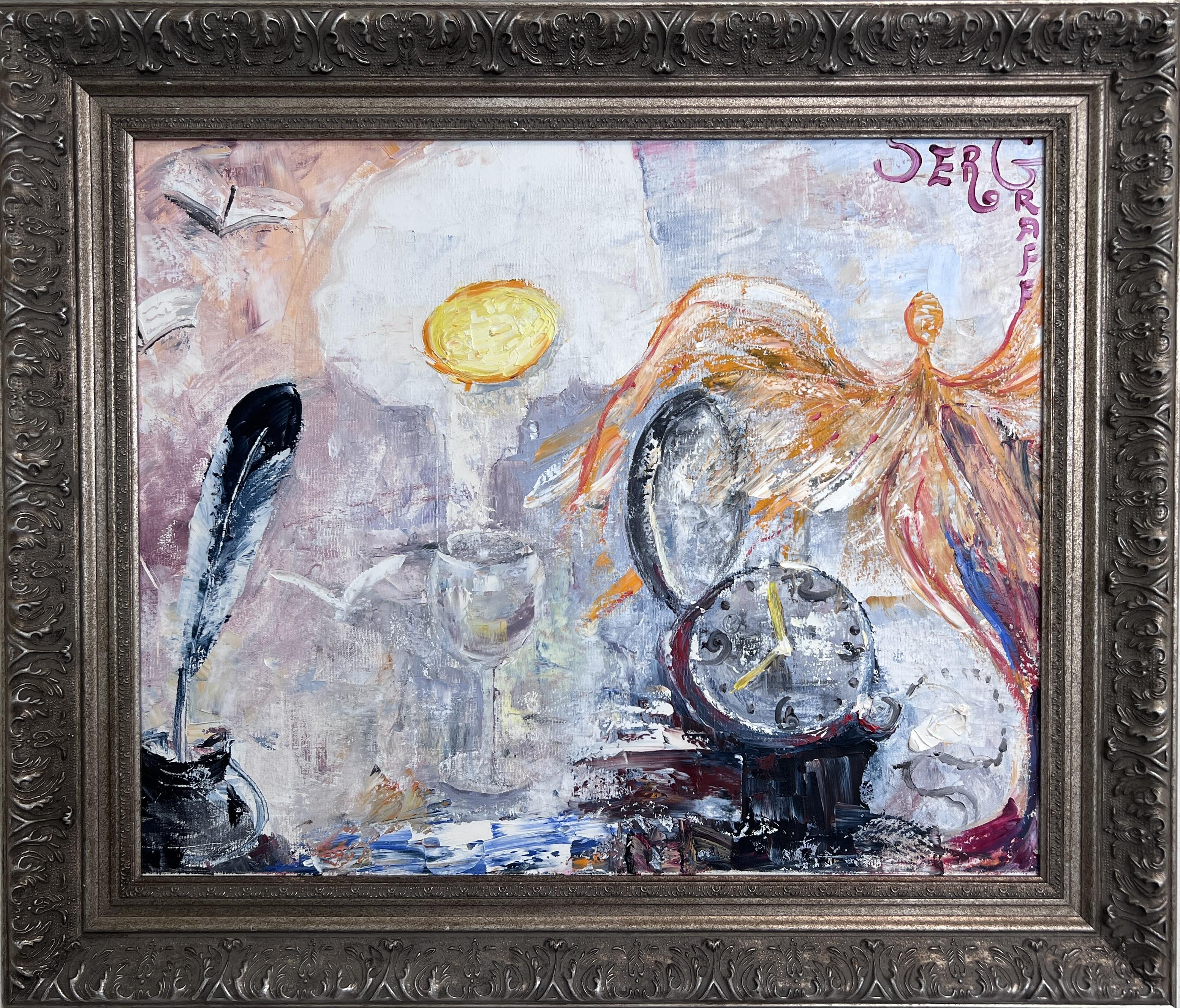 "Wings of Light" is a powerful and symbolic original acrylic painting by Serg Graff, created in 2021 and framed in 2025. A poetic meditation on time, inspiration, and transformation, this work invites the viewer into a surreal composition filled