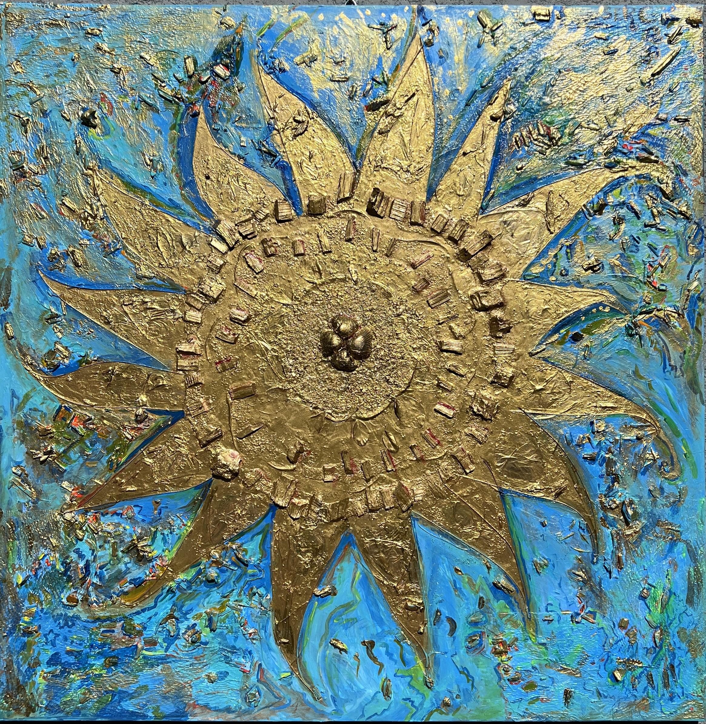 Up for sale original large painting on canvas in a fantasy abstract style by Serg Graff Titled "Star Ship". This striking abstract painting features a bold, textured golden sunburst set against a vibrant blue background. The heavily impastoed
