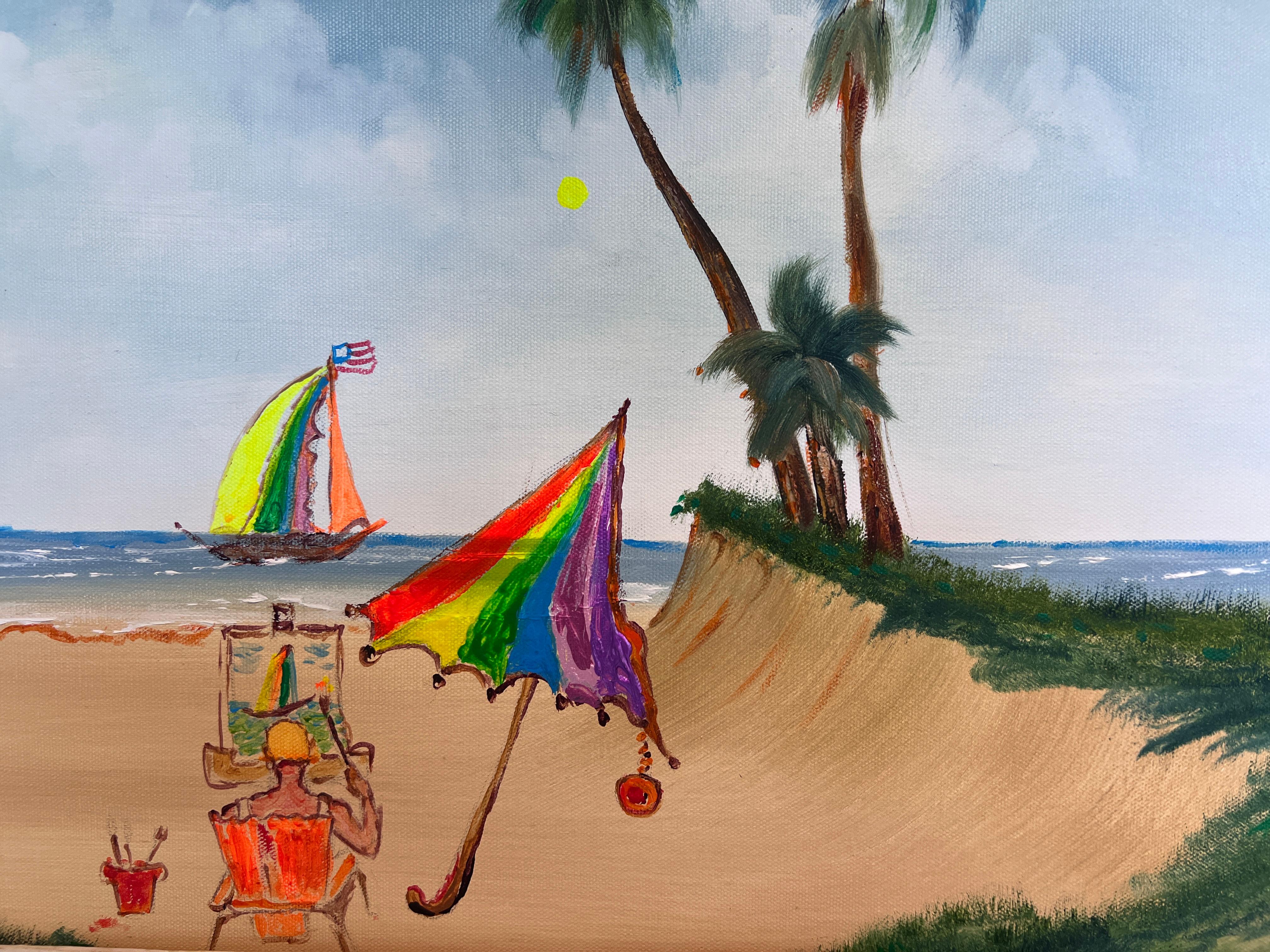 Magic Umbrella Beach Scene Painting by Serg Graff  Original Framed, COA For Sale 2