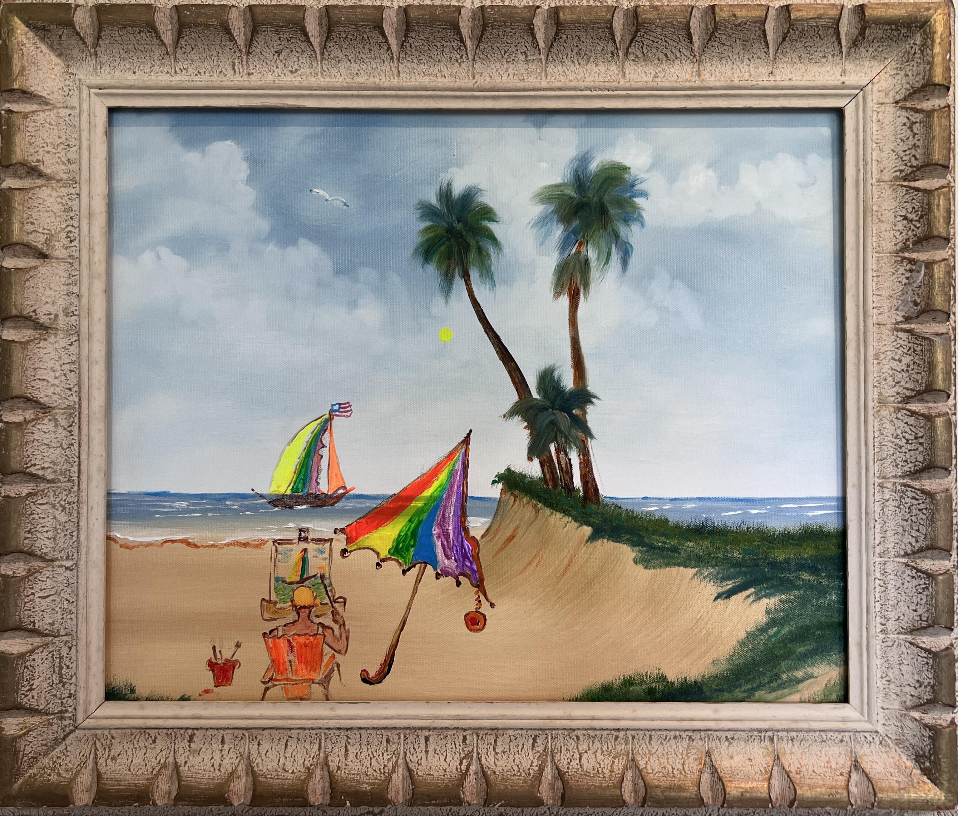 “Magic Umbrella” by Serg Graff is an original, one-of-a-kind acrylic painting that blends realism with whimsical fantasy. Set on a sunlit Florida beach, the composition invites viewers into a playful yet contemplative scene: an artist sits at an