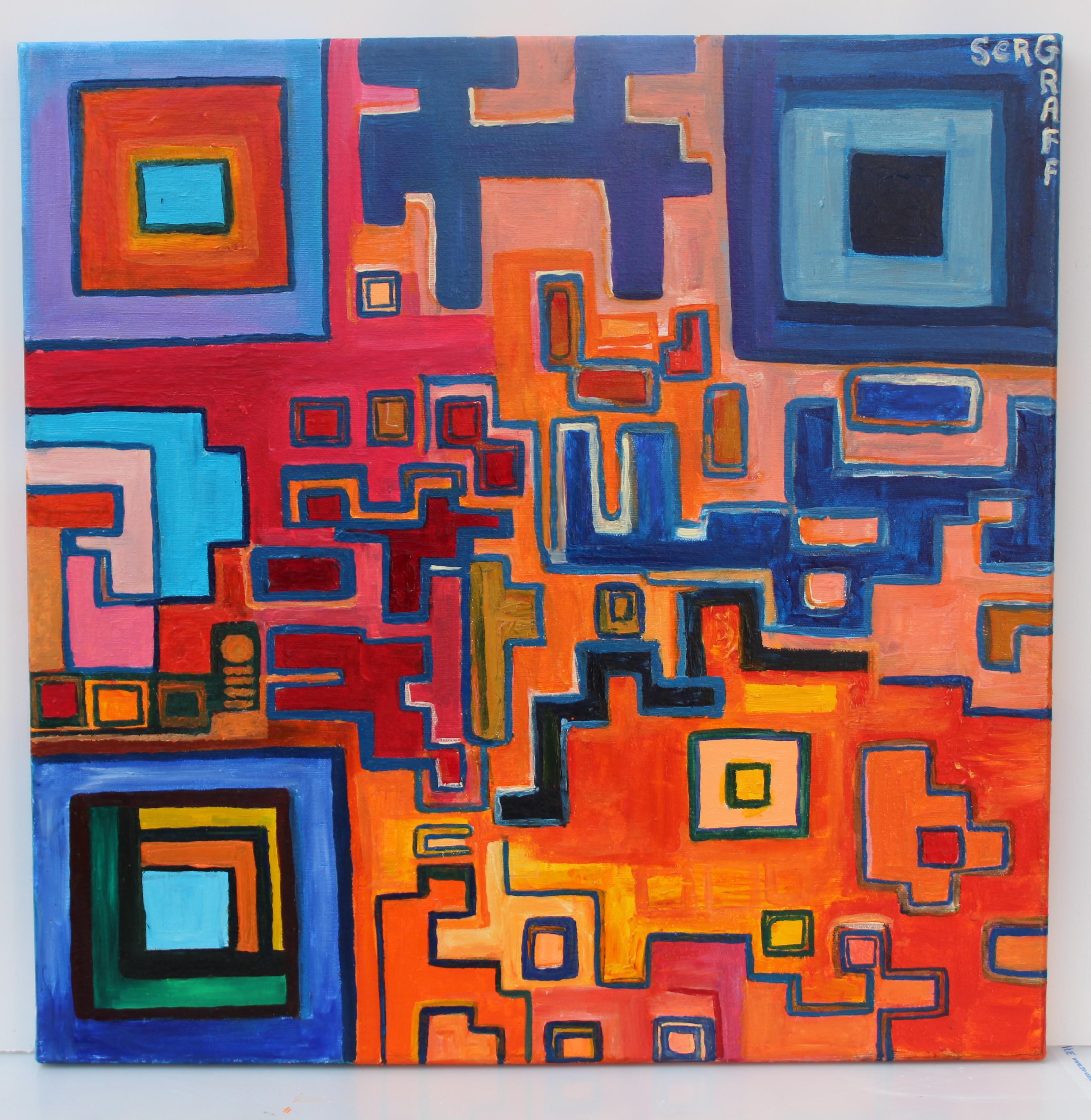 This bold and imaginative original painting by Serg Graff is a striking example of fantasy abstraction. Titled “Labyrinth”, the work explores movement, chaos, and control through a maze-like composition of geometric pathways and radiant color
