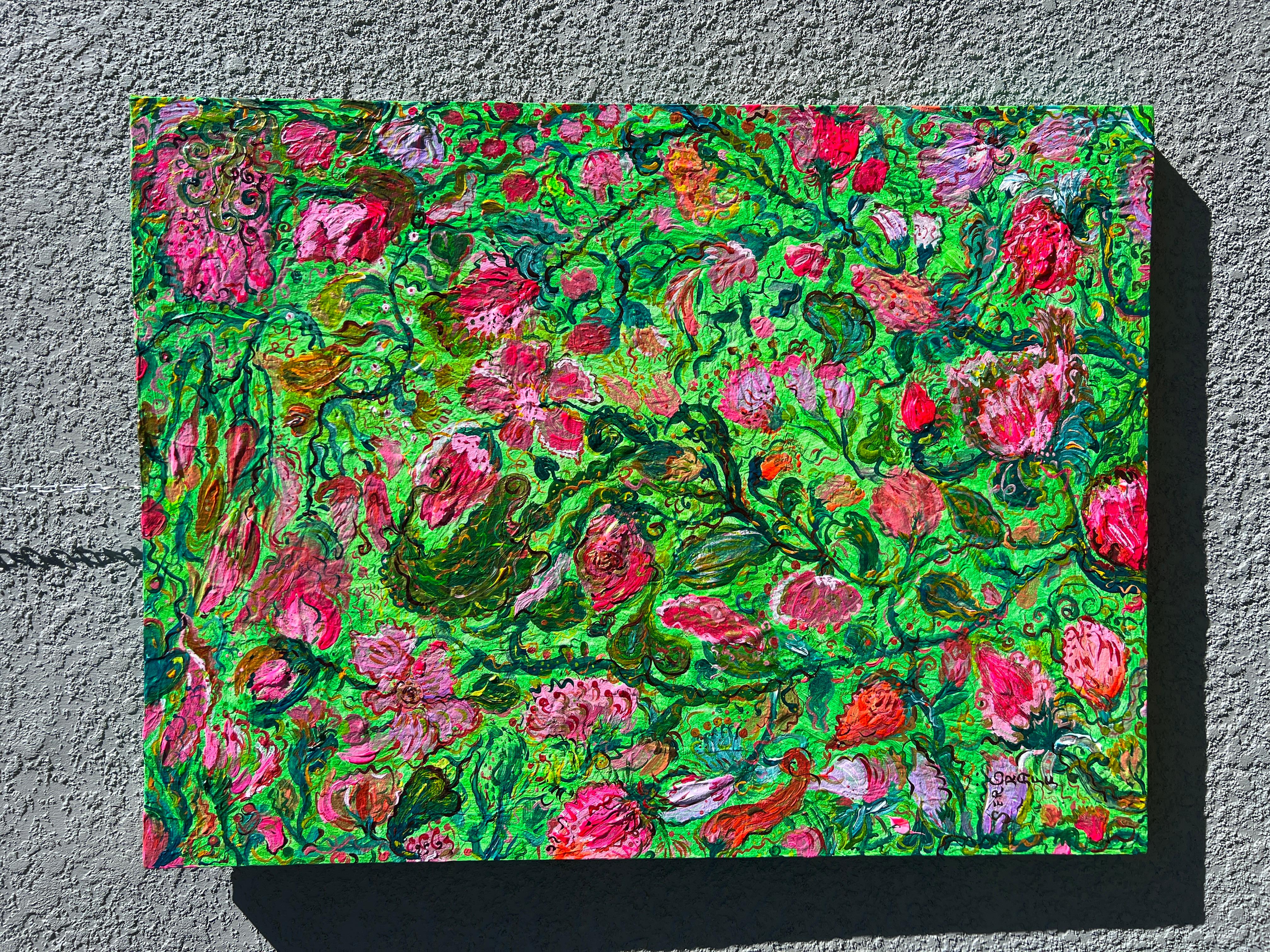 Abstraktes Gemälde auf Leinwand von Serg Graff, „Blumenblumen am Efeu“, COA, Unikat im Angebot 1