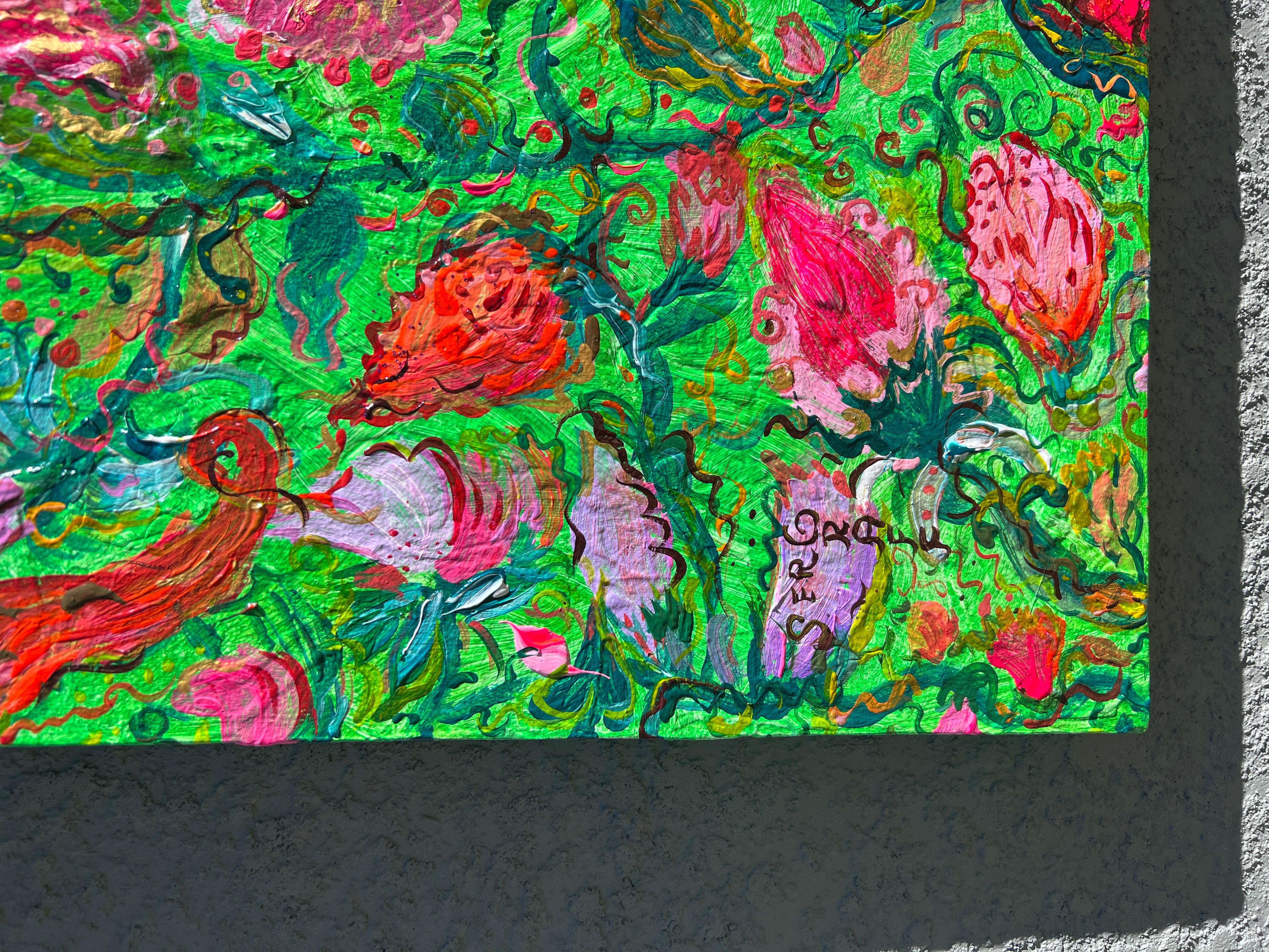 Abstraktes Gemälde auf Leinwand von Serg Graff, „Blumenblumen am Efeu“, COA, Unikat im Angebot 3