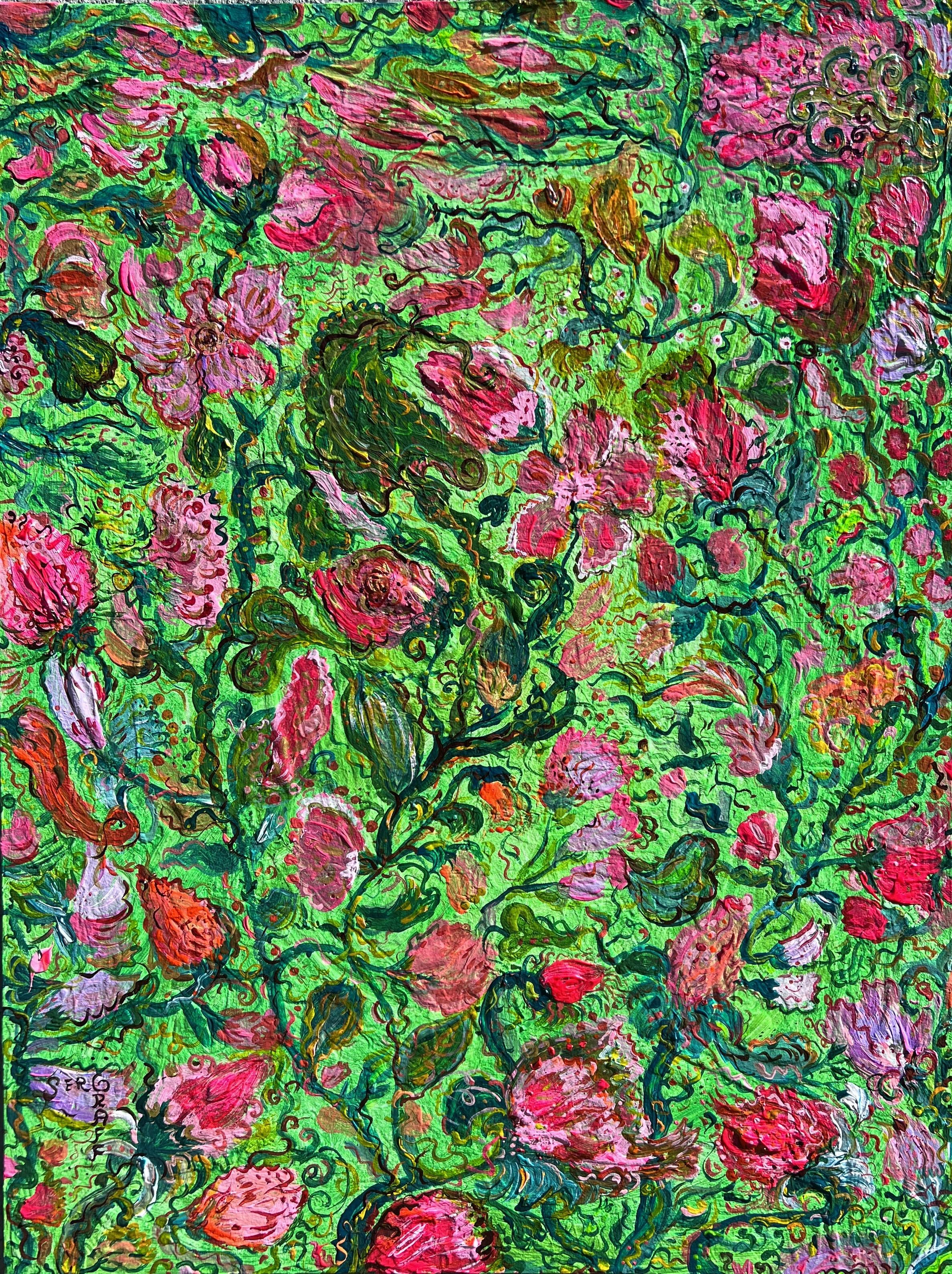 Abstraktes Gemälde auf Leinwand von Serg Graff, „Blumenblumen am Efeu“, COA, Unikat