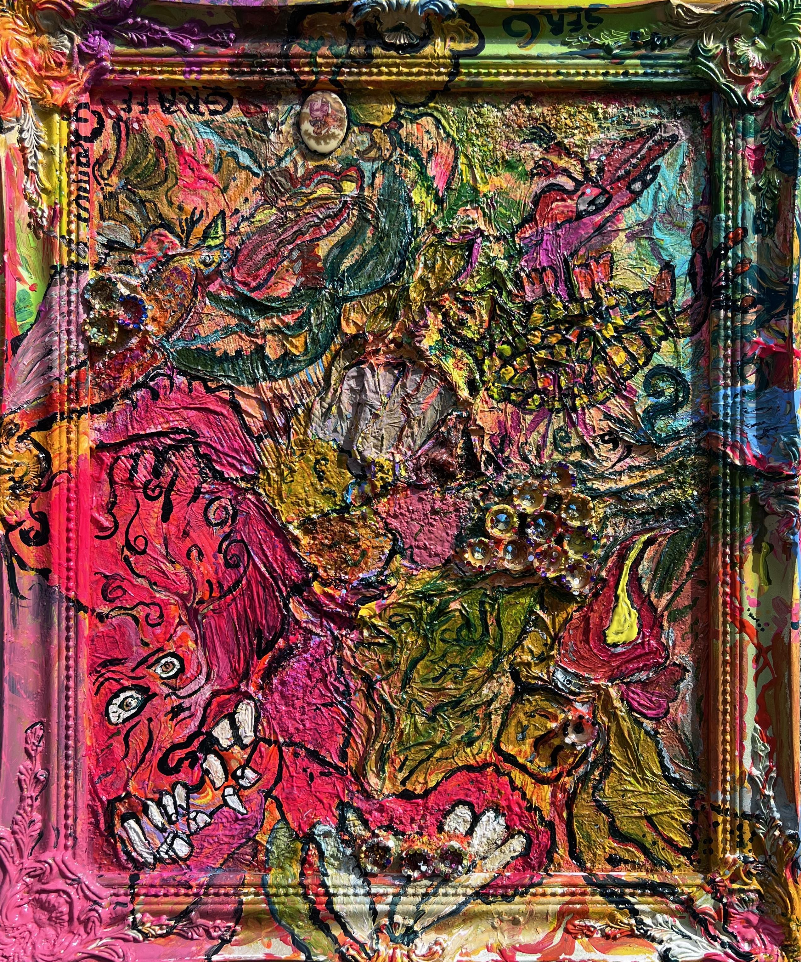 This textured abstract acrylic painting on canvas, titled "Cool Monsters," is a vibrant and imaginative composition filled with dynamic forms, bold colors, and intricate details. The piece combines surrealism with expressive abstraction, creating a