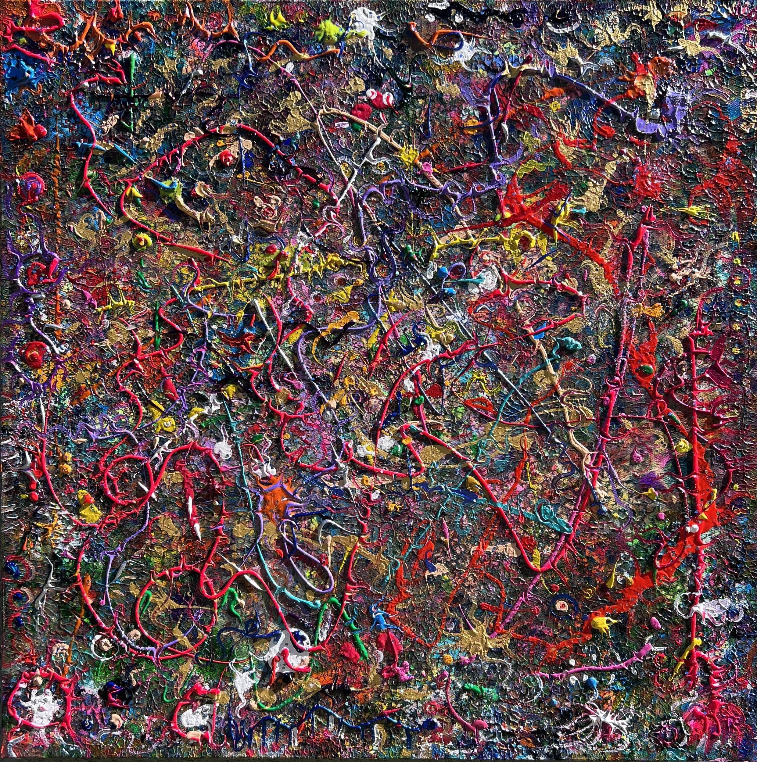 This unique painting by Serg Graff is  an abstract expressionism, dominated by a chaotic interplay of colors, textures, and movement. The canvas is filled with a multitude of intertwined layers: bold splashes of red, gold, and white crisscrossing