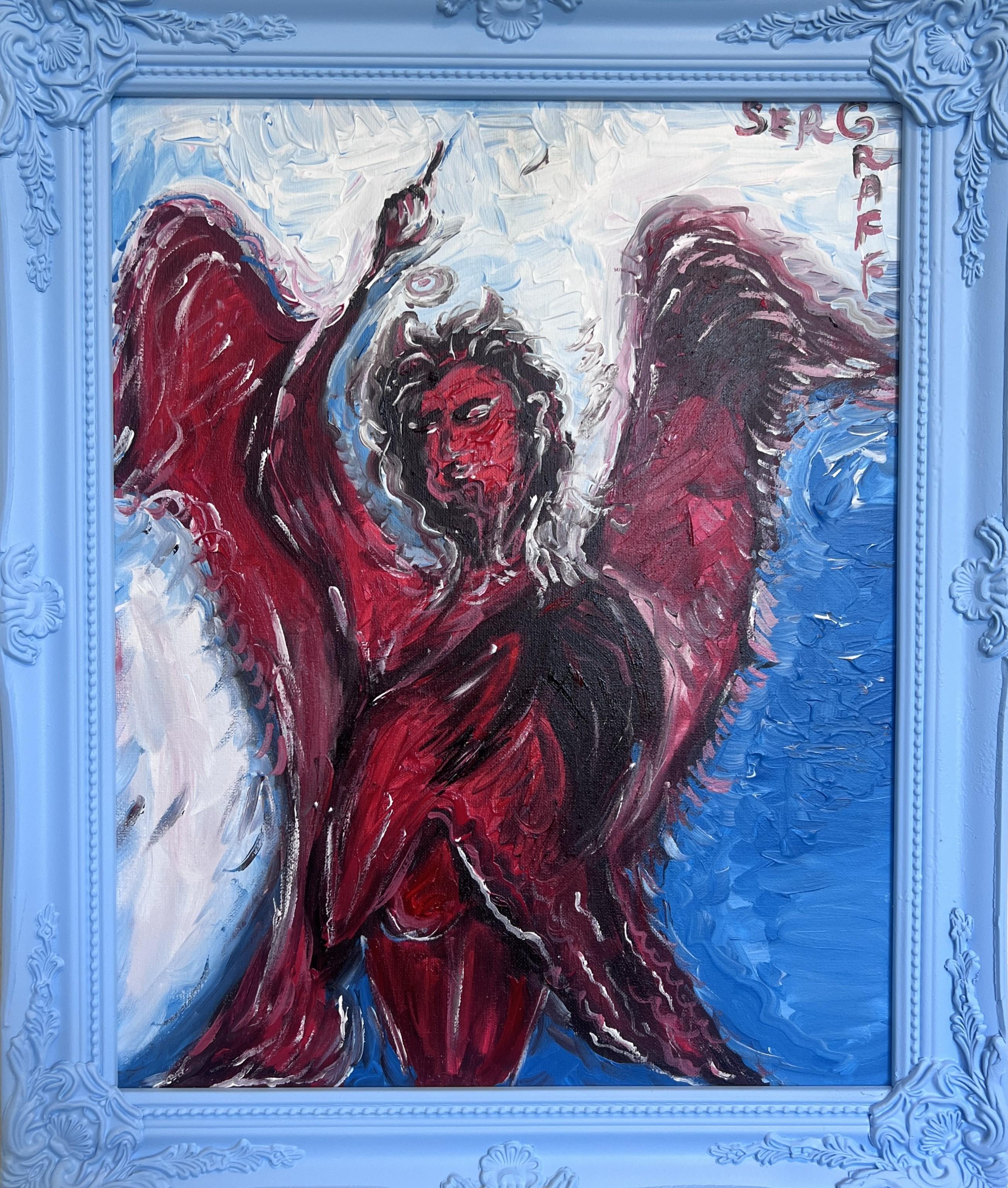 Questo dipinto raffigura un angelo. Lo sguardo intenso e l'espressione audace della figura le conferiscono un aspetto drammatico e leggermente minaccioso, suggerendo temi di lotta interiore o di trasformazione. Con un braccio alzato e l'altro al