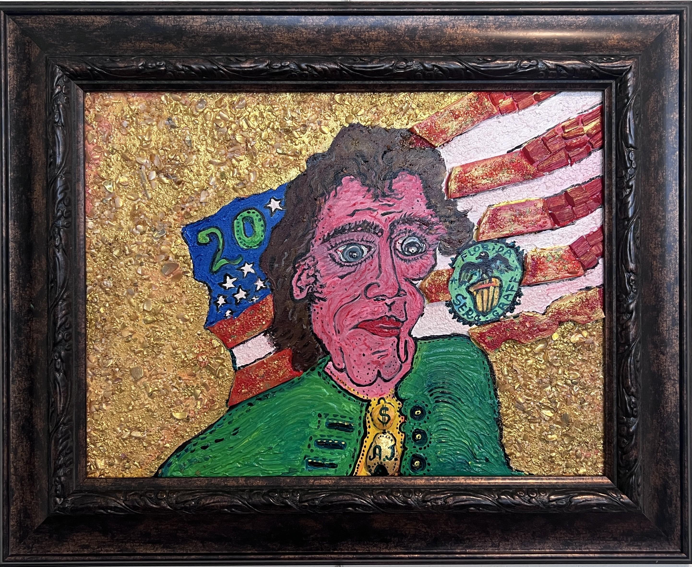 This striking acrylic mixed-media painting on board by Serg Graff presents a wild, expressionist portrait of Andrew Jackson (American lawyer, planter, general, and statesman who served as the seventh president of the United States from 1829 to