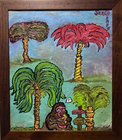 Pintura abstracta original sobre tabla de Serg Graff "Palm Monkey", COA