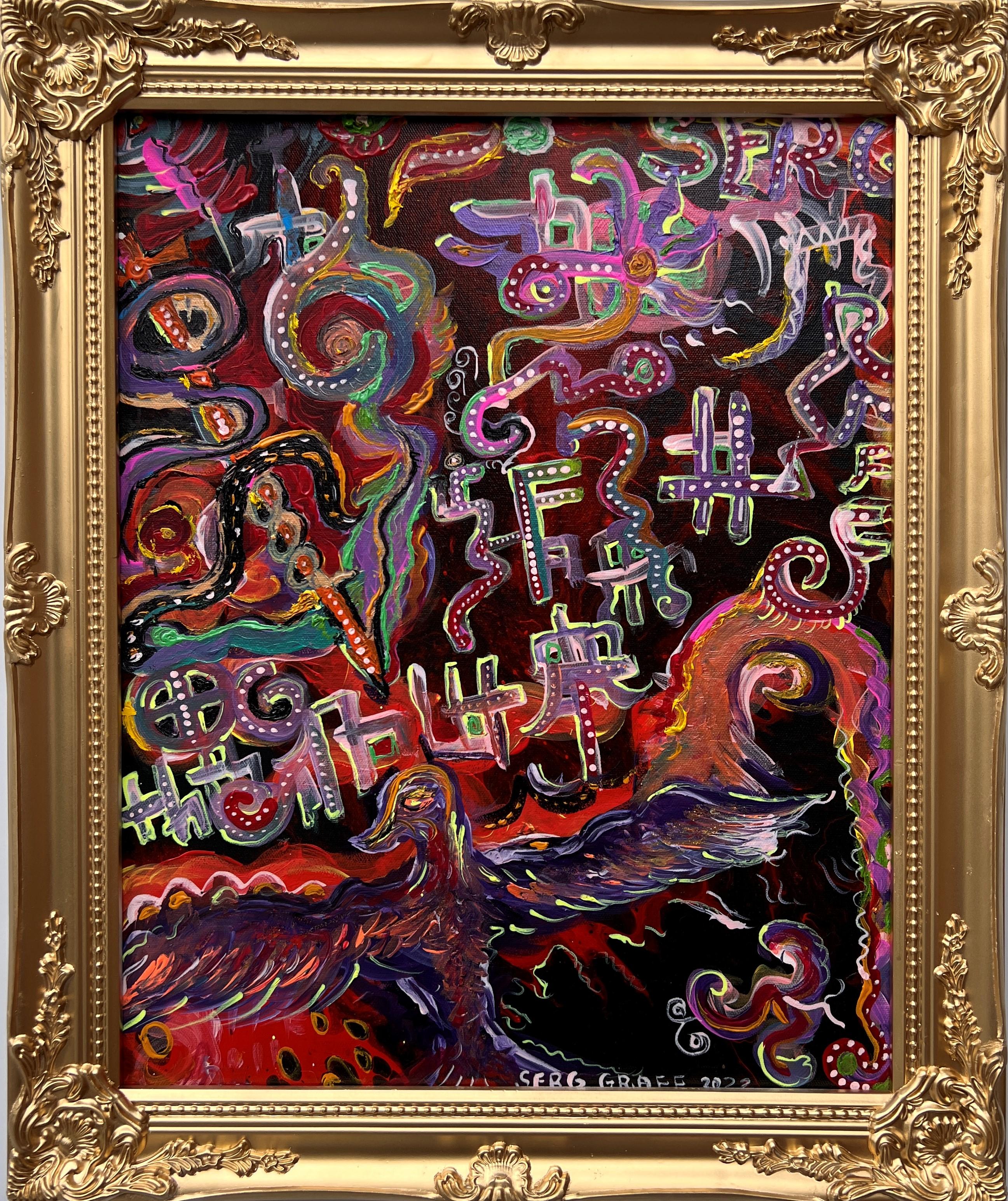 This is a unique original acrylic painting on canvas in a fantasy abstract style by Serg Graff Titled "Phoenix". 
 
It comes signed, dated, and with a COA (Certificate of Authenticity). 
 
Presented in an ornate gold frame. 
 
Excellent condition. 
