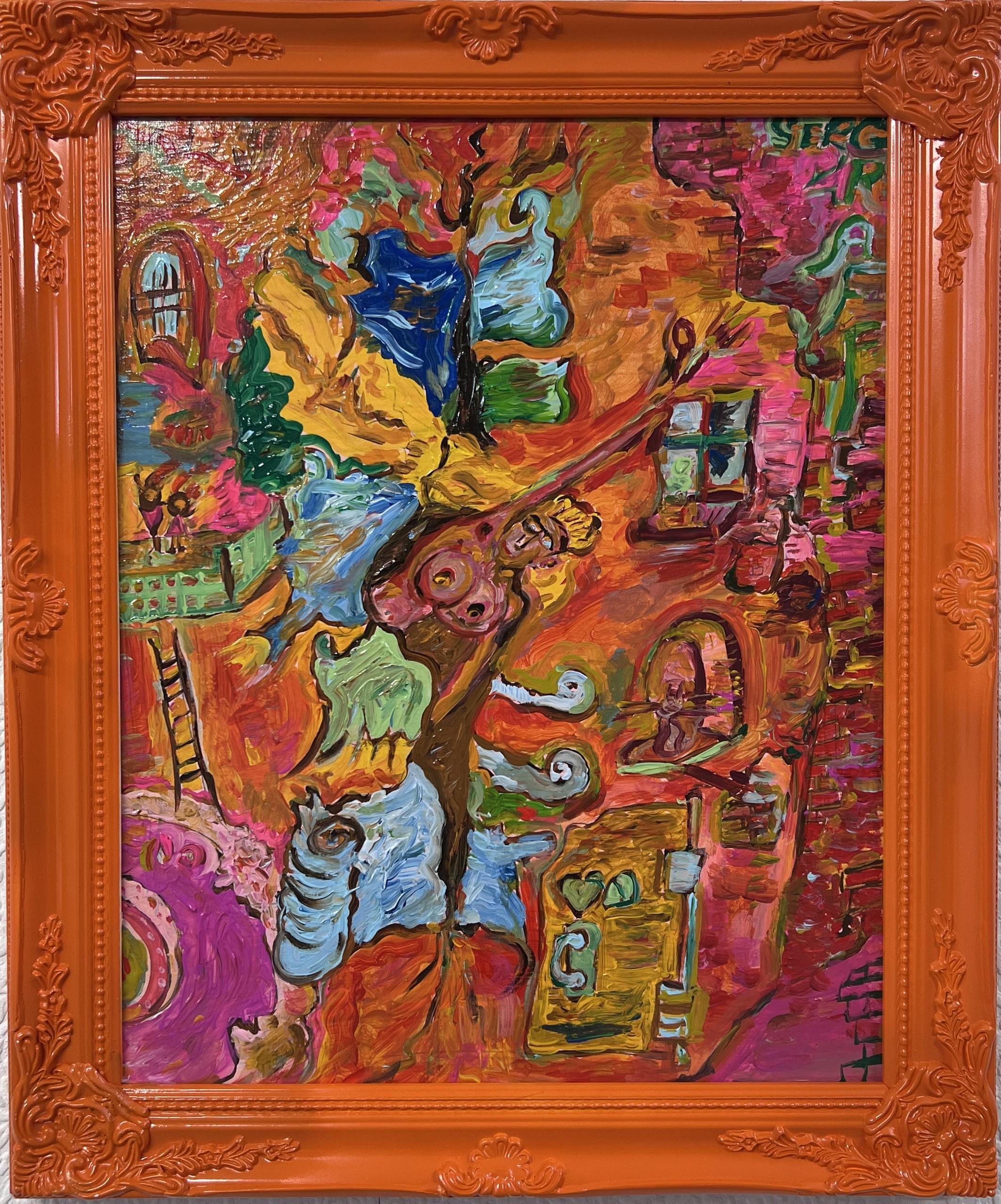 This is a unique original acrylic/oil painting on canvas in a fantasy abstract style by Serg Graff Titled "Jump from the Painting № 2". 
It comes signed, dated, and with a COA (Certificate of Authenticity). 

Presented in an exclusive orange frame.