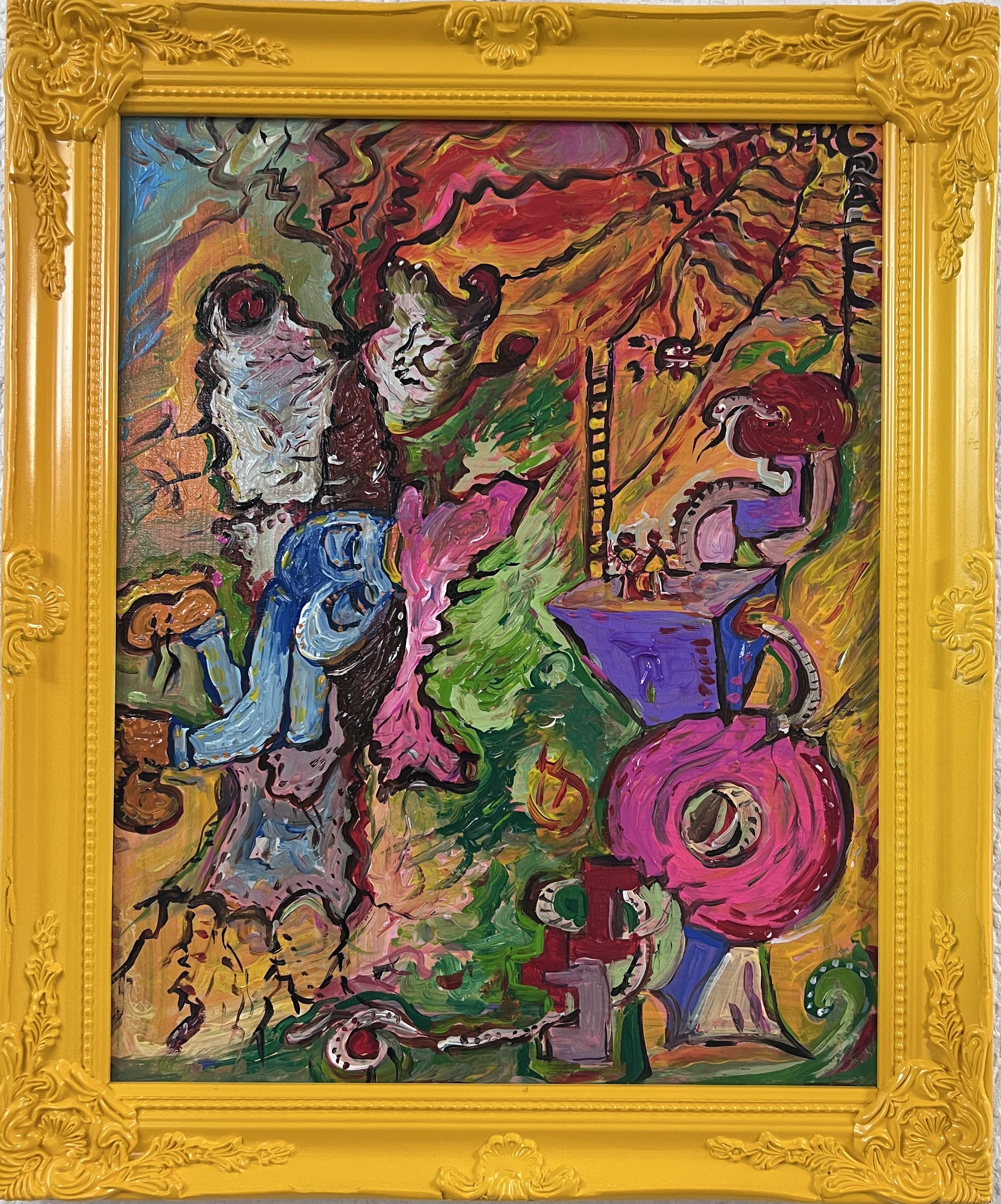 This is a unique original acrylic/oil painting on canvas in a fantasy abstract style by Serg Graff Titled "Jump into the Painting № 1". 
It comes signed, dated, and with a COA (Certificate of Authenticity). 

Presented in an exclusive yellow frame.