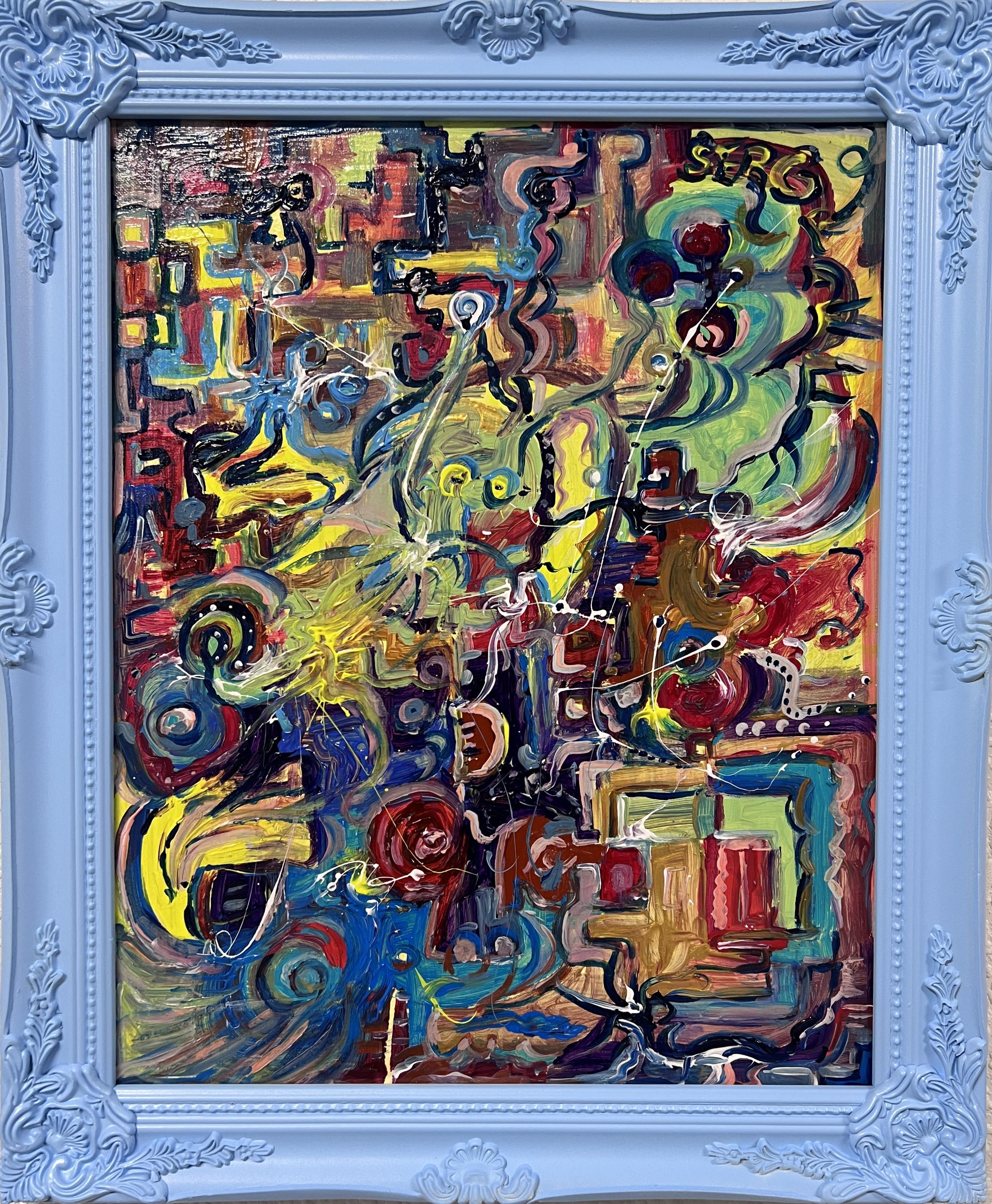 This is a unique original acrylic/oil painting on canvas in a fantasy abstract style by Serg Graff Titled "Optimistic Creativity". 
It comes signed, dated, and with a COA (Certificate of Authenticity). 

Presented in an exclusive blue frame.