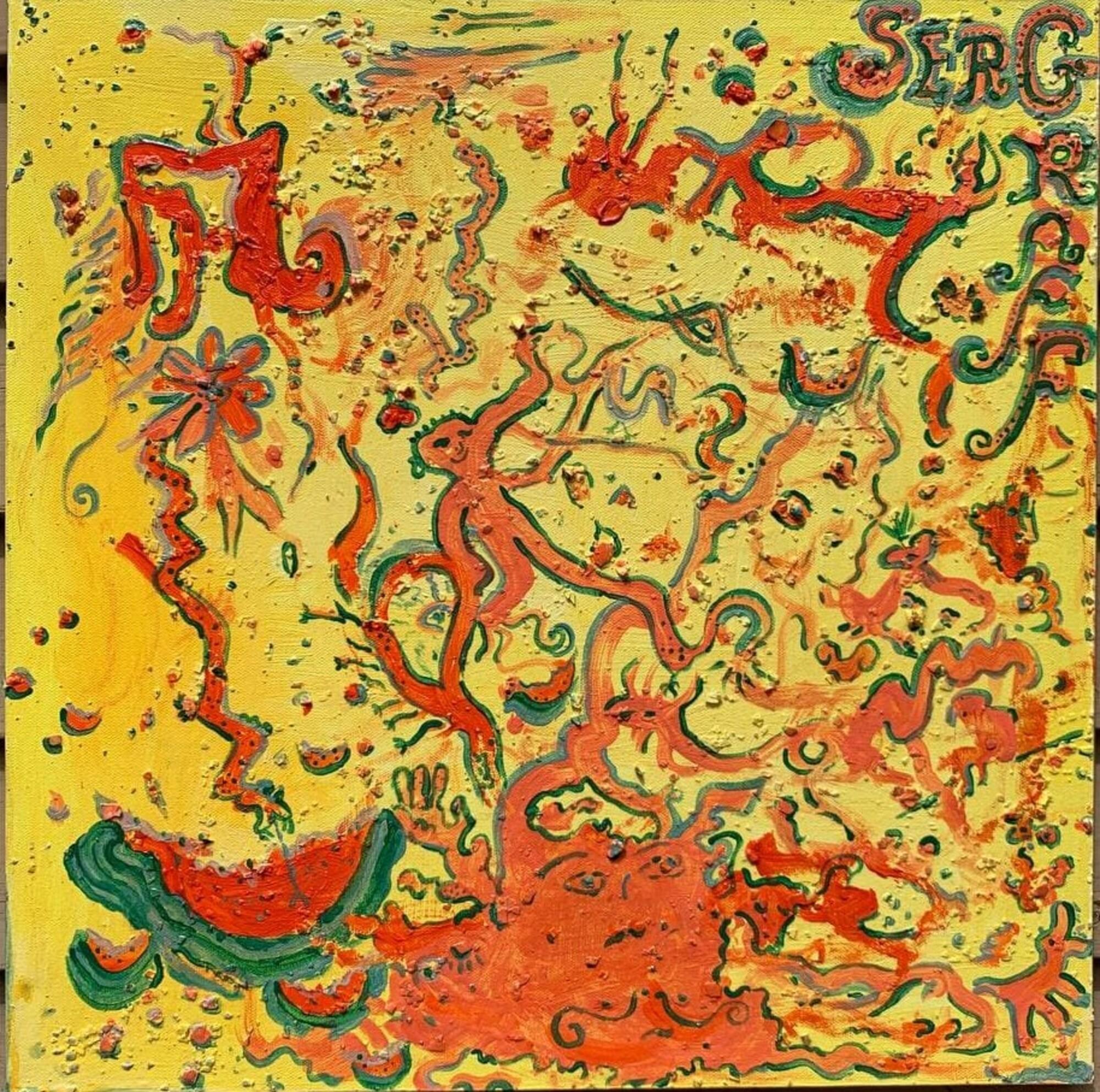 This is a unique original textured acrylic painting on canvas by contemporary artist Serg Graff, titled "Watermelon Rind". The piece is executed in a whimsical fantasy abstract style, featuring expressive forms, surreal characters, and bold use of