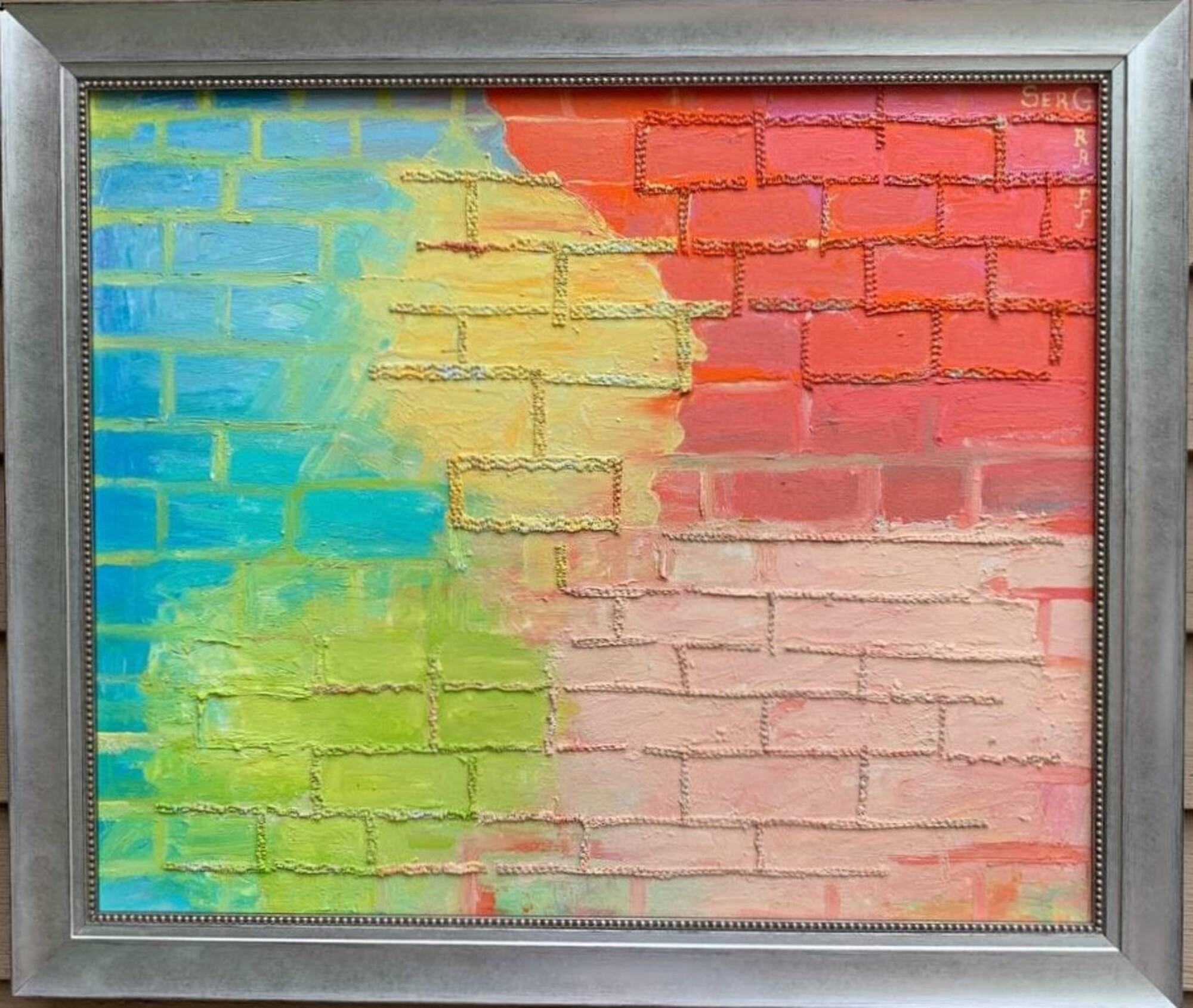 This original acrylic painting on canvas by Serg Graff is a vibrant exploration of transition, creativity, and structure. Titled "The Wall of Knowledge", the composition blends fantasy abstraction with architectural elements—transforming a brick