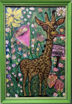 Pintura grande original sobre tabla, titulada "Funny Giraffe" por Serg Graff, COA