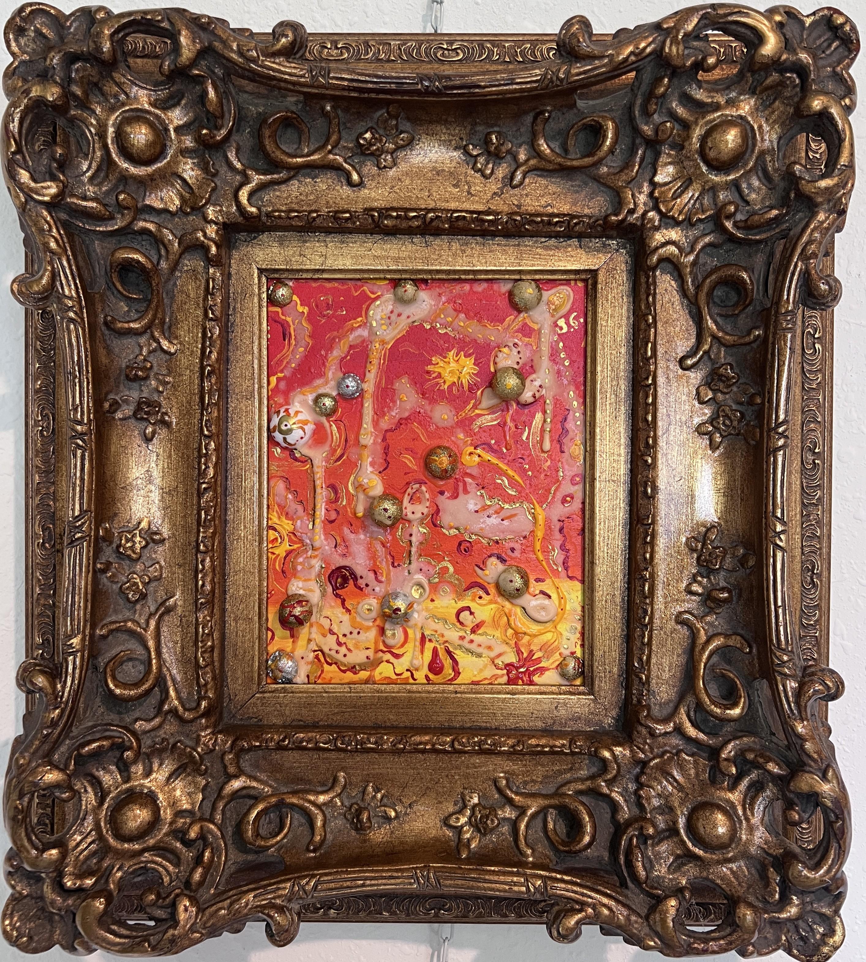  Entrez dans un univers éblouissant de tentation et d'absurdité cosmique avec cette peinture originale en techniques mixtes du visionnaire Serg Graff, basé en Floride. Intitulée "Golden Ball$", cette composition saisissante évoque une célébration