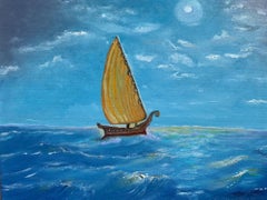 Original Oil Painting "Loneliness" by Serg Graff – Sailboat at Sea in Moonlight