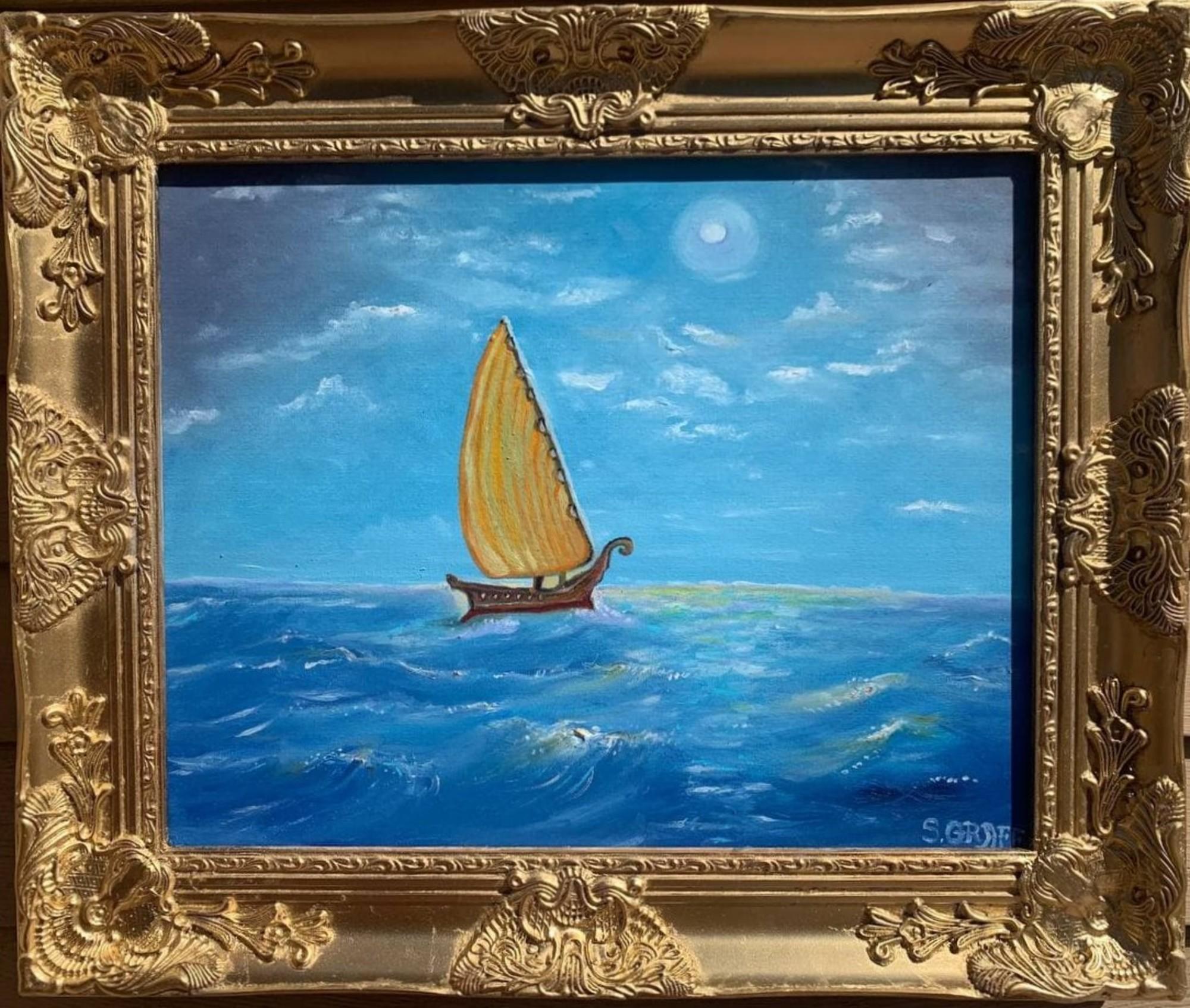 Original Ölgemälde "Einsamkeit" von Serg Graff - Segelboot auf See im Mondlicht