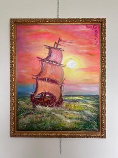 Original Ölgemälde auf Leinwand von Serg Graff, "Schiff" Sonnenuntergang Meer Ozean, COA