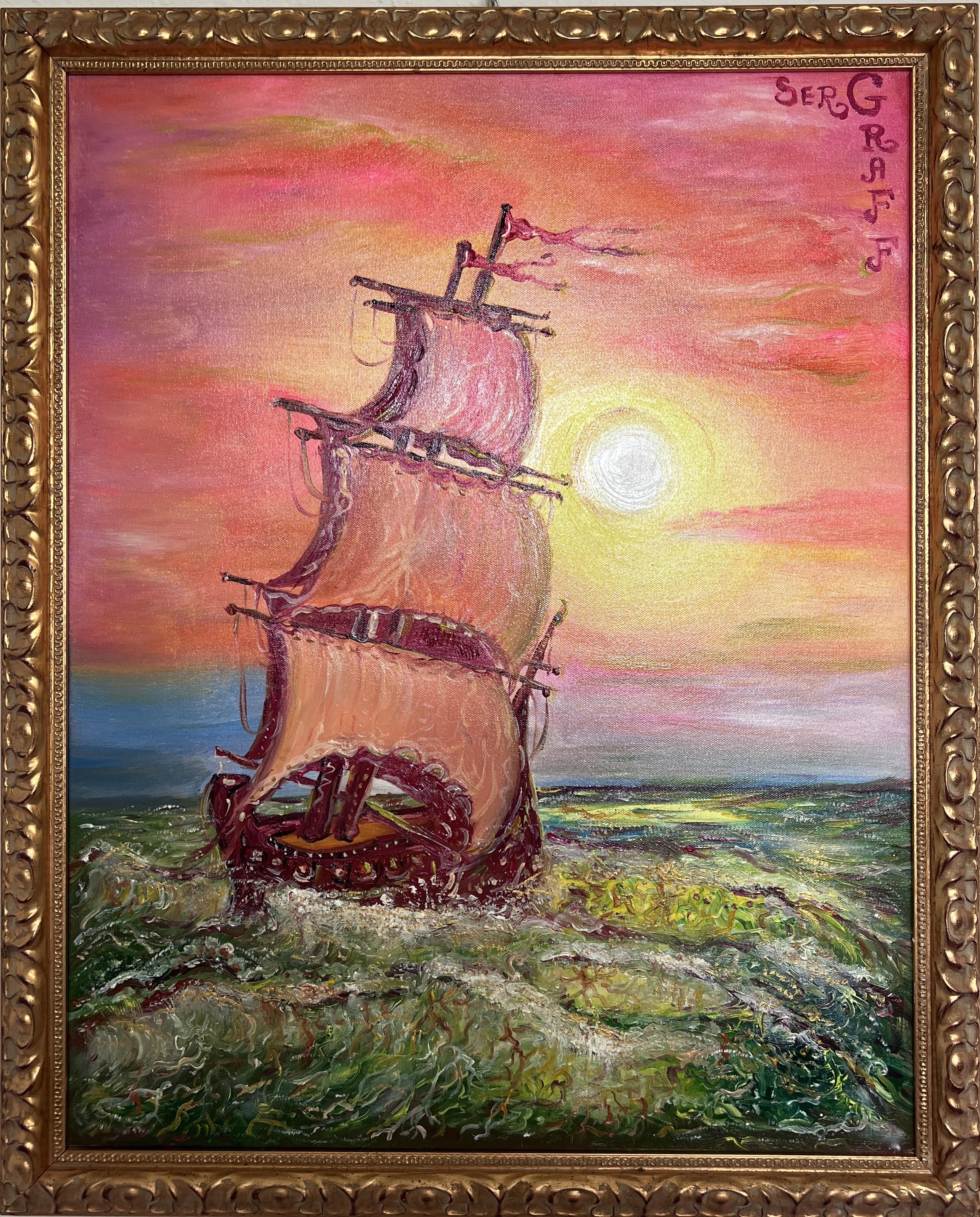 This original oil painting on canvas titled "Ship" by contemporary Florida-based artist Serg Graff is a radiant depiction of a tall ship navigating through shimmering waves under a surreal pink and golden sunset. Signed on the front and inscribed
