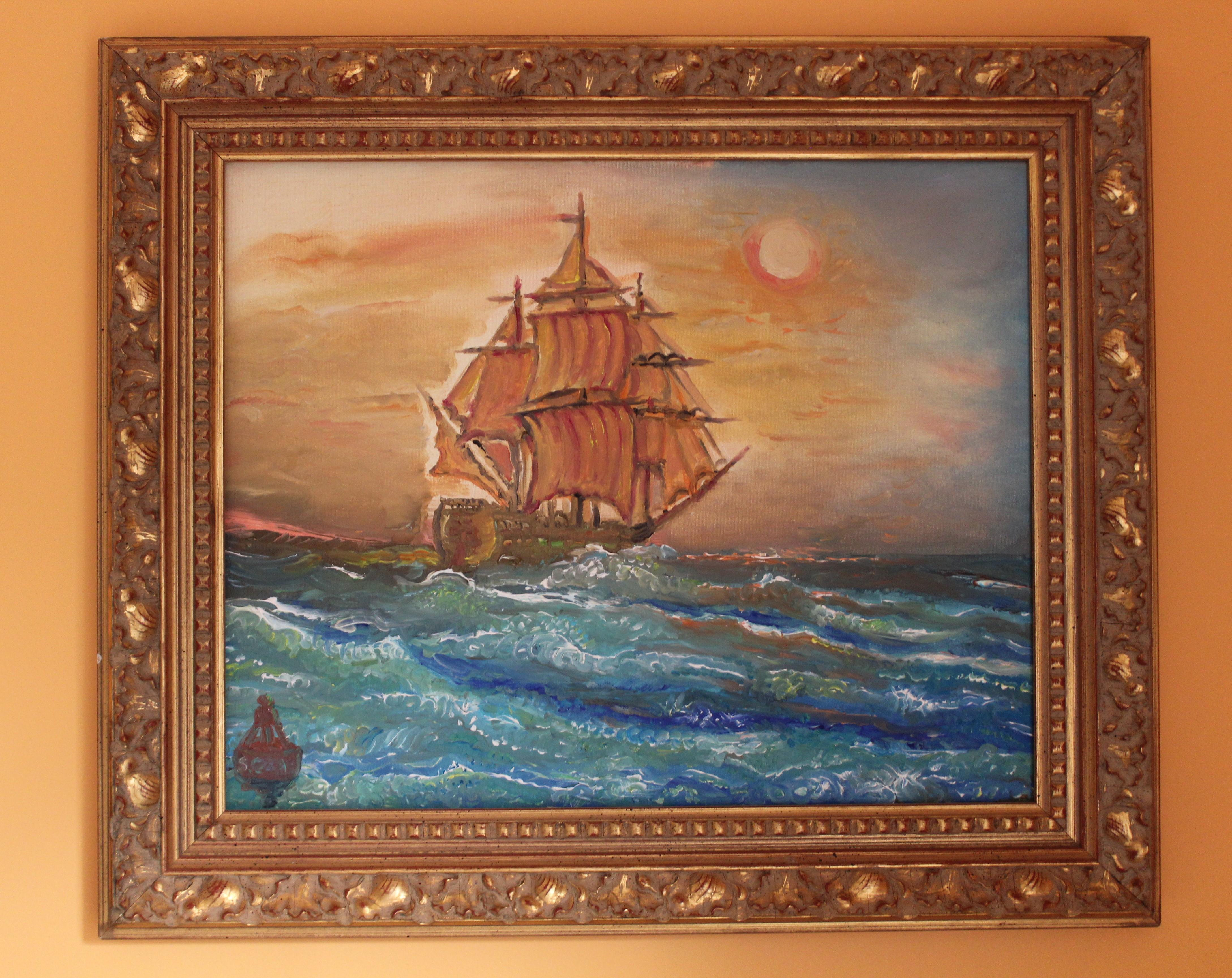Original-Ölgemälde auf Leinwand, Meereslandschaft, Schiff, Sonnenuntergang, signiert S.Graff, COA (Braun), Landscape Painting, von Serg Graff