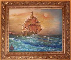 Used Original oil painting on canvas, seascape, ship, sunset, signed S.Graff, COA