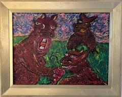 Pittura originale su tavola in stile cartone animato di Serg Graff "Happy Capybaras", COA