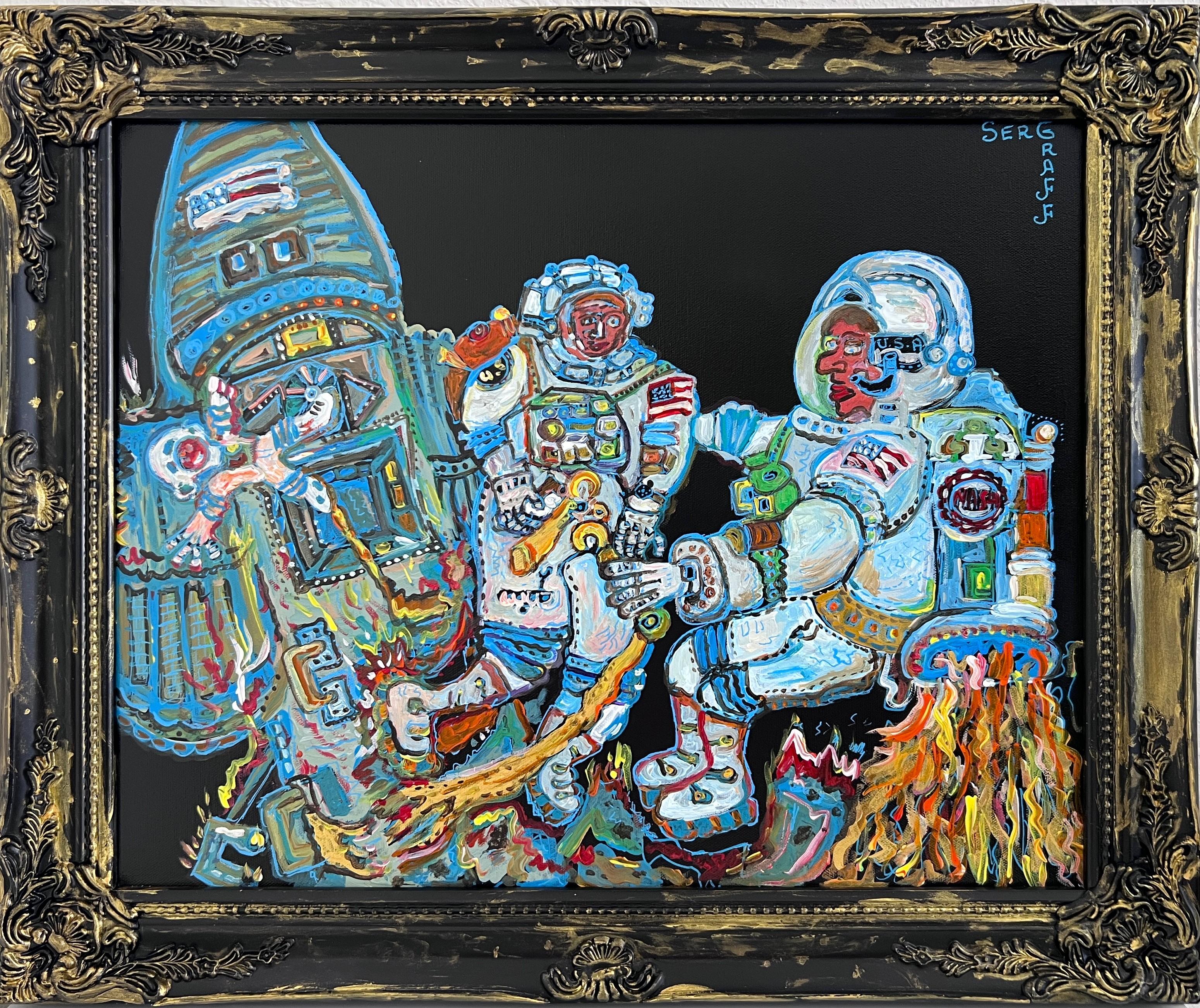 This original acrylic on canvas, titled “Gravity”, is a vibrant and imaginative work by contemporary artist Serg Graff. The composition depicts three astronauts engaged in a surreal cosmic scene: a spacecraft tilts in the background while two space