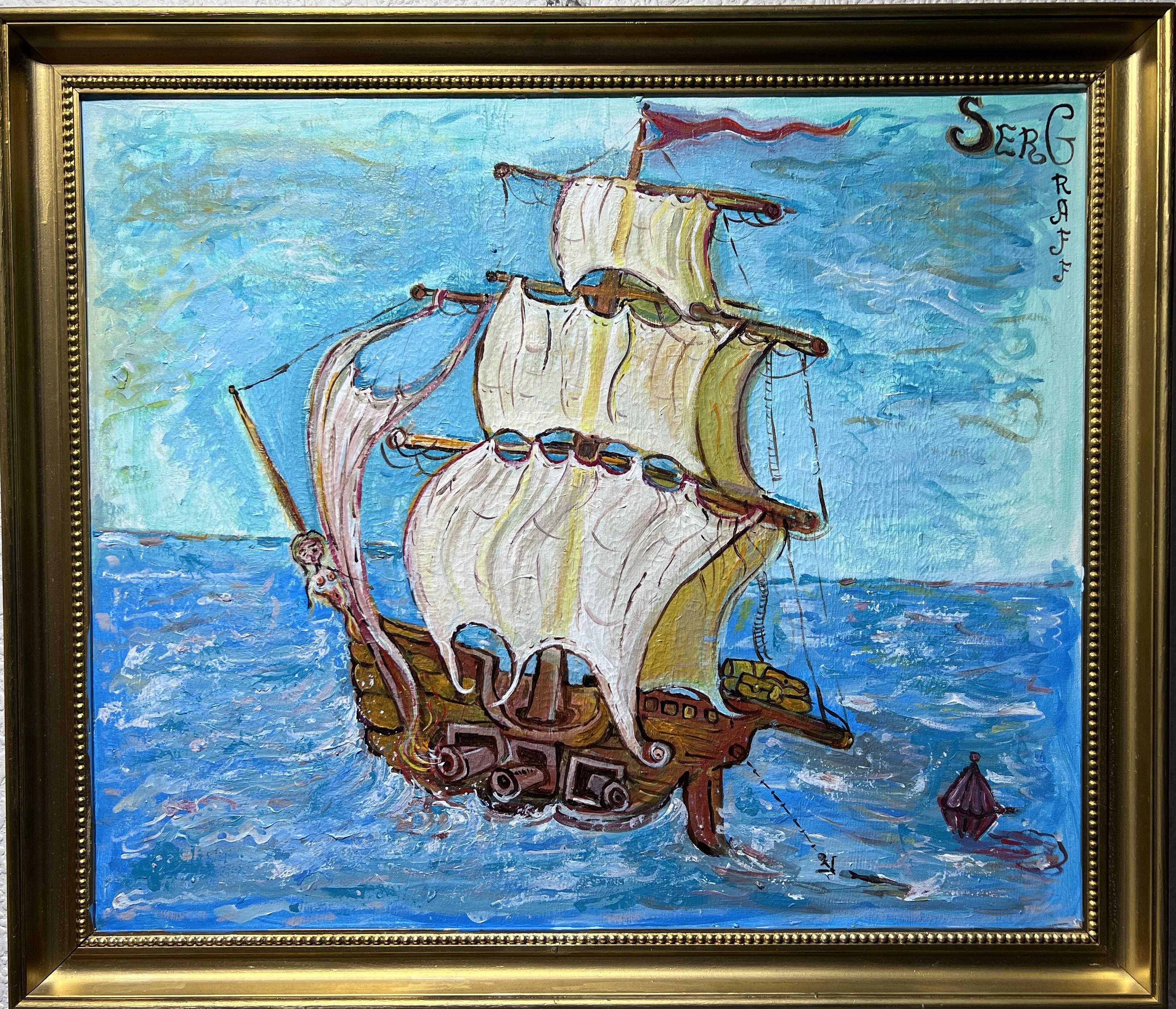 The ship itself is detailed with intricate lines and shading, highlighting the structure of the masts, the sails, and the hull. The use of bold colors, particularly the red accents on the ship and the white and beige of the sails, draws the viewer's