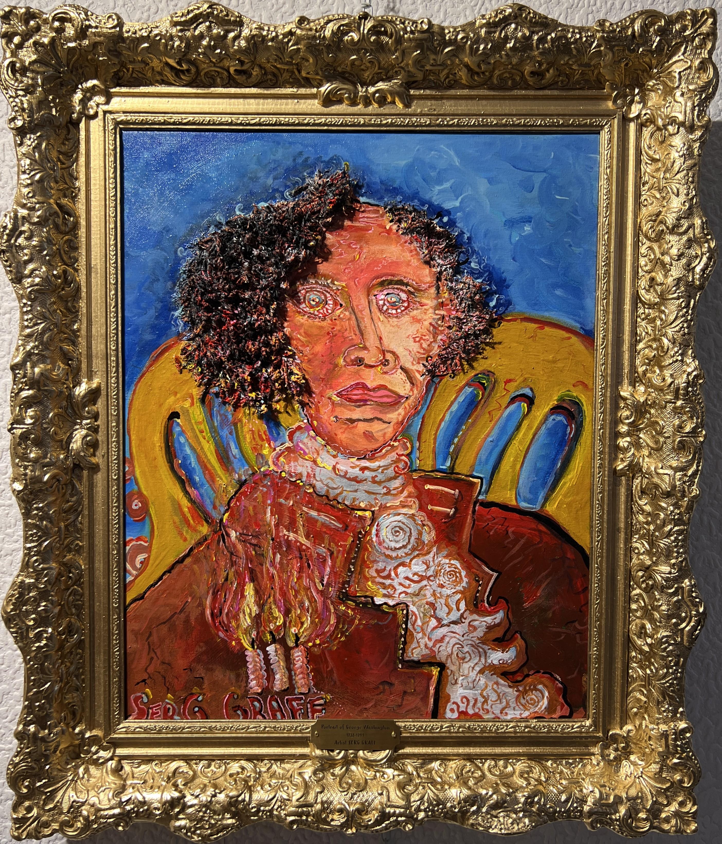 This is a rare unique original acrylic/mixed media painting on canvas in a naïve primitivism style depicting George Washington (1732-1799) - the Founding Father of the United States. 

 Present in an ornate gilt frame. Excellent condition. Framed