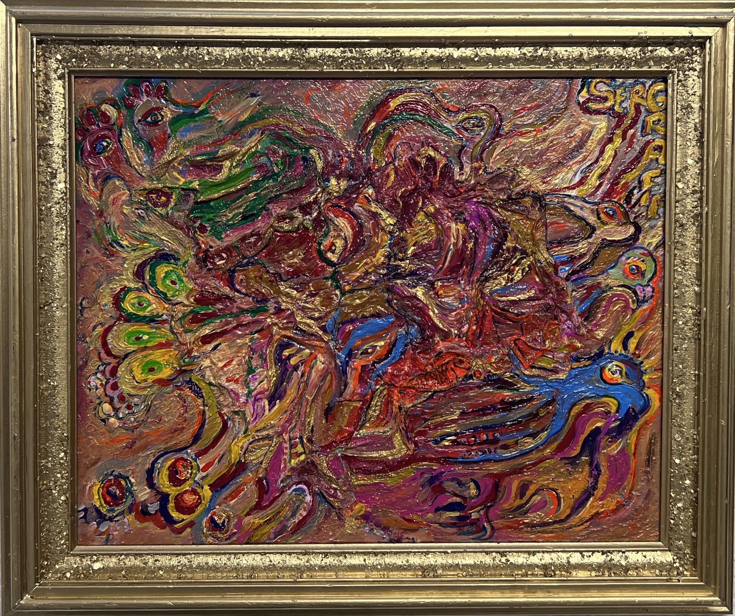 This is a unique original acrylic painting on canvas in a fantasy abstract style by Serg Graff Titled "Loop". 

It comes signed, dated, and with a COA (Certificate of Authenticity). 

Presented in a gold frame. 

Excellent condition. 
Please note