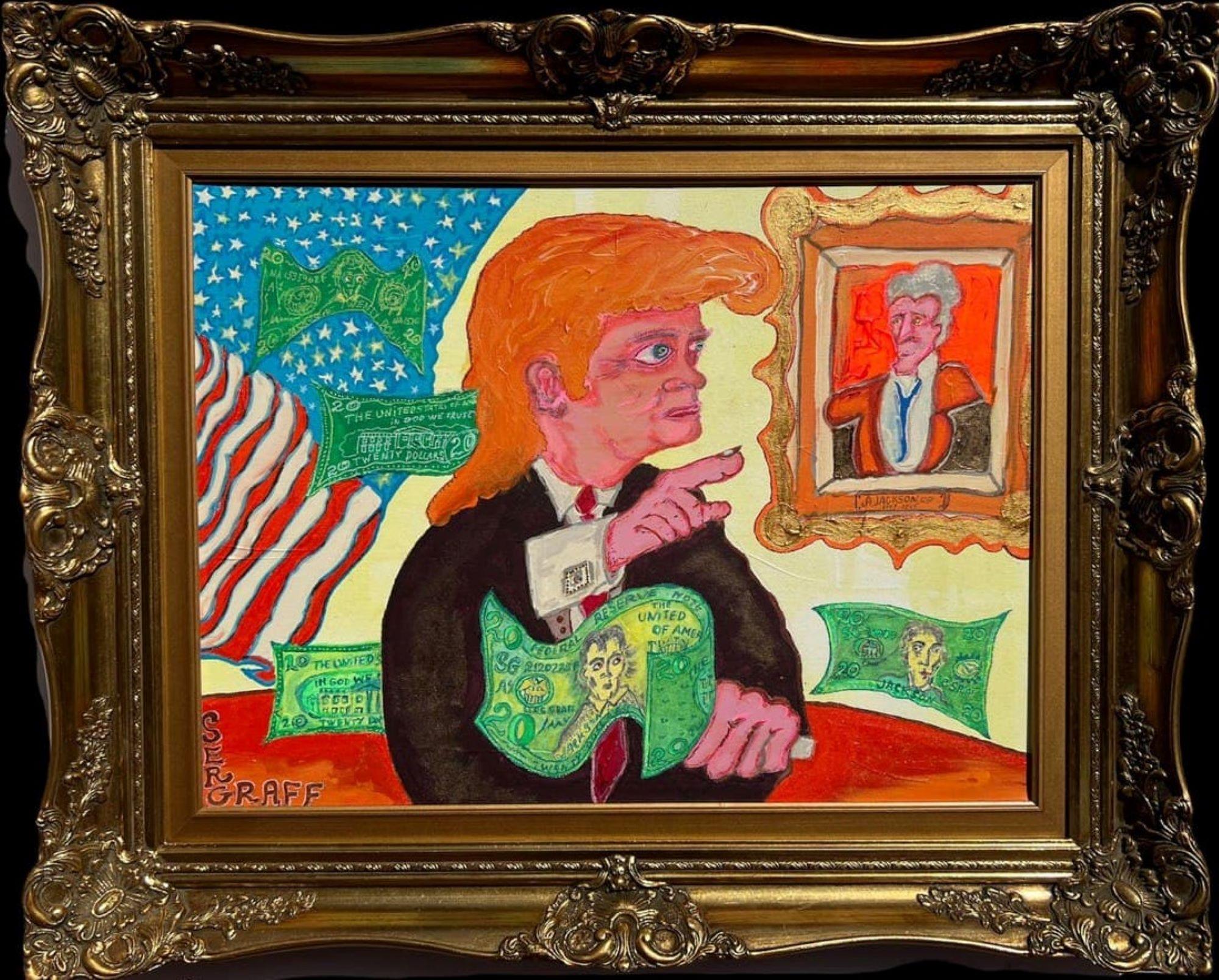 This is a rare unique original acrylic/oil painting on canvas in a naive primitivism style depicting Donald Trump sitting at a table, with a portrait of Jackson in the background. Titled "Trump&Jackson Lucky Money"

Some small details of the