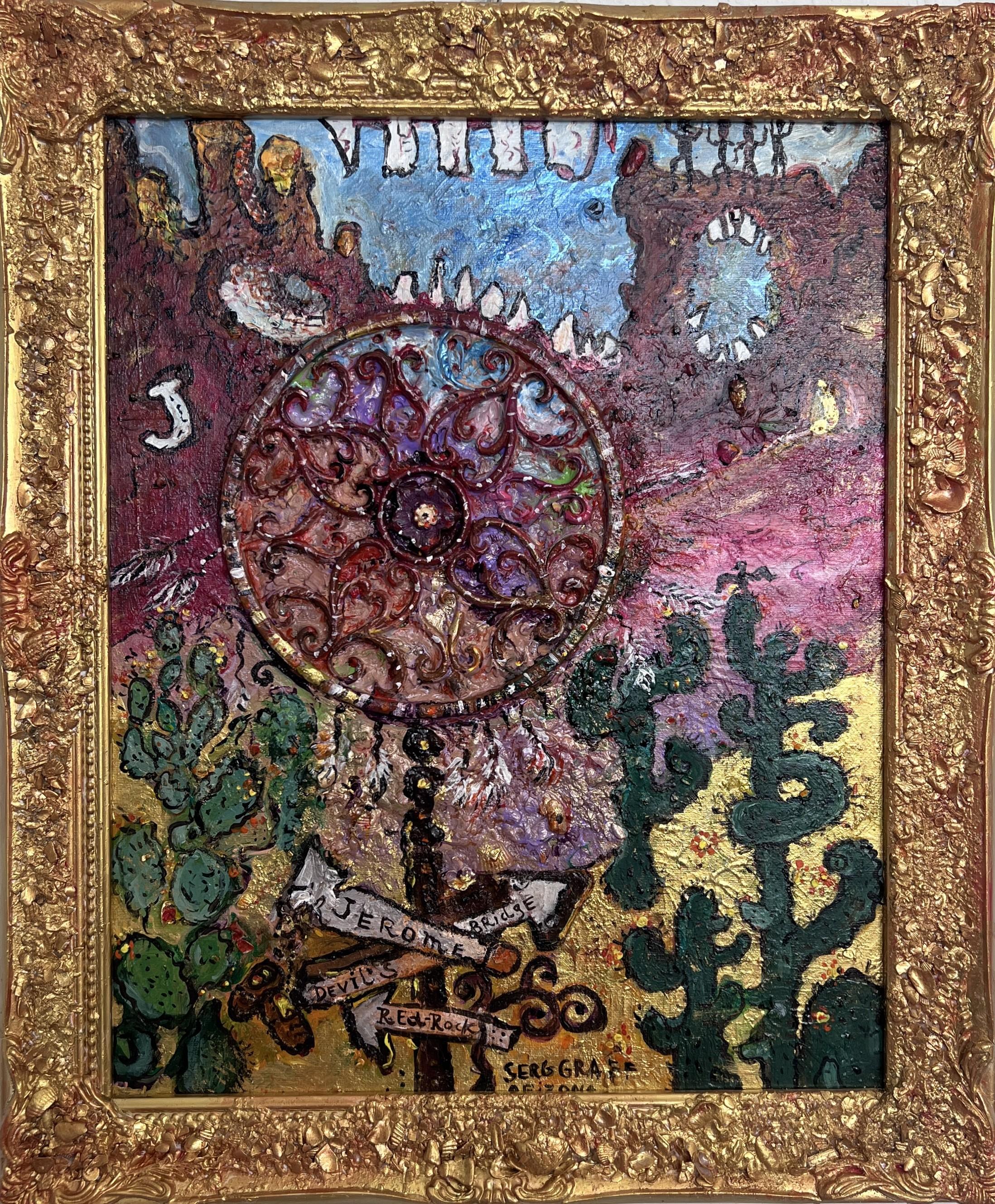 This vibrant and texturally rich acrylic mixed media painting titled "Arizona Grand Canyon Adventures" by Serg Graff captures the wild spirit of the American Southwest in a uniquely surreal and expressive style. Dominated by a large, ornate circular