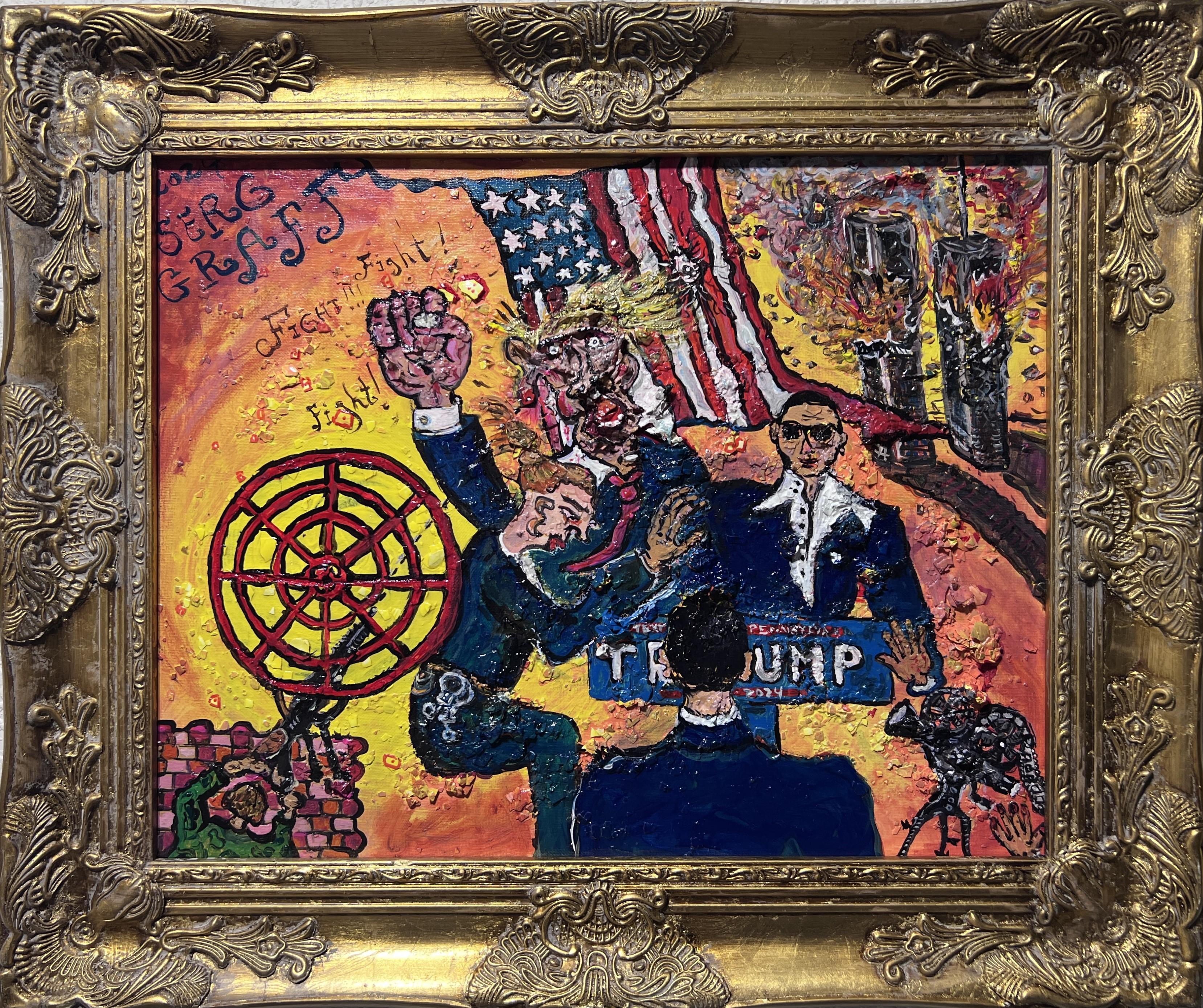 Pittura acrilica originale d'arte politica "Fight" di Serg Graff, incorniciata, con COA