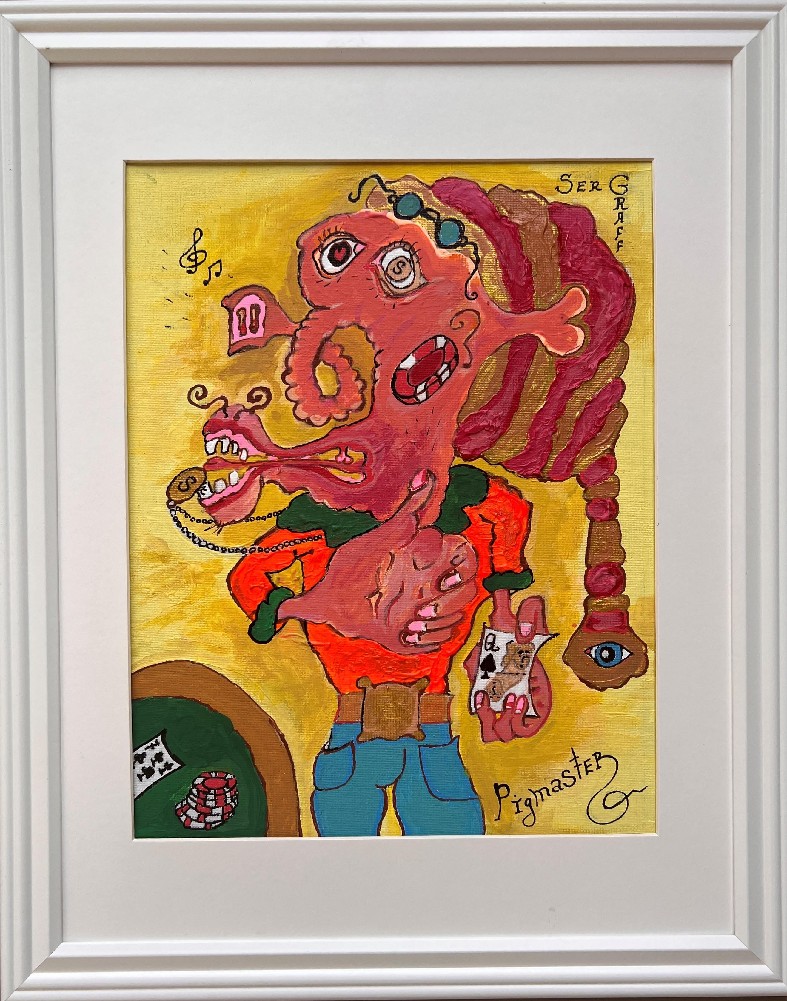 Dieses seltene, einzigartige Originalgemälde in Acryl und Öl auf Karton ist in einem lebendigen, naiven Primitivismus-Stil gehalten und stellt die fantastische Figur "PigMaster" dar.

Diese lebhafte Figur stammt direkt aus Serg Graffs beliebtem