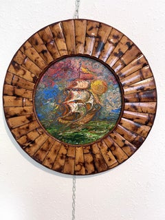 Serg Graff “Golden Voyage” Original Oil Painting Ship at Sea Round Wood Frame