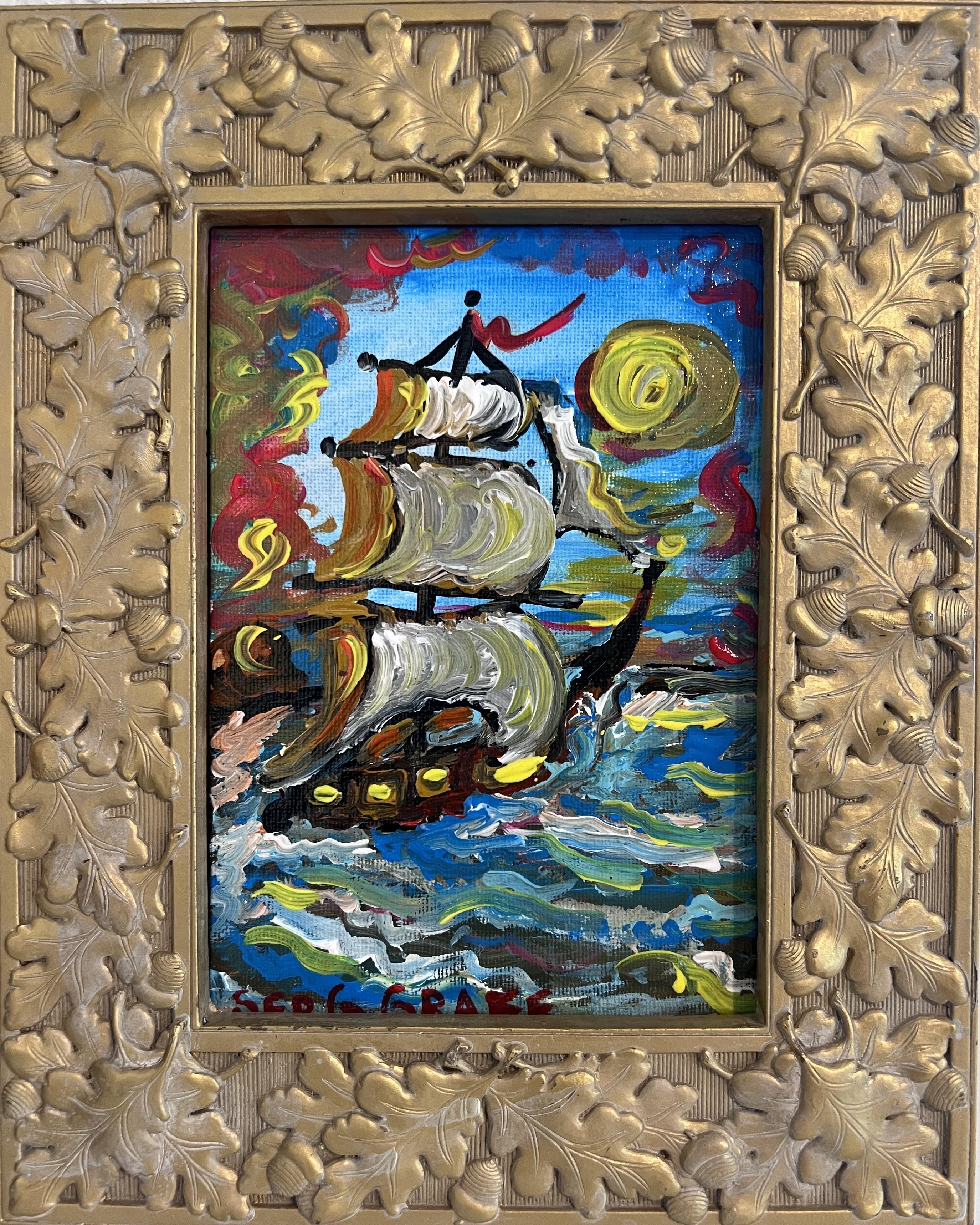 Serg Graff Peinture acrylique originale "Brigel" sur un navire  Cadre en feuille d'or  Nautique