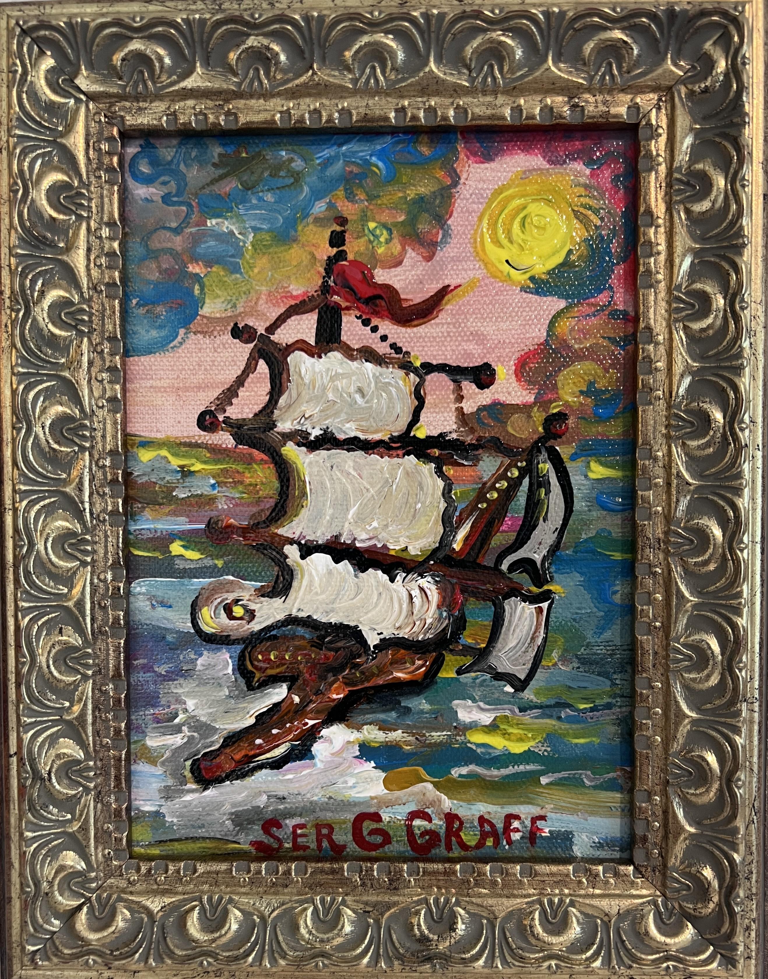 Peinture originale de bateau "Eldoria" de Serg Graff  Cadre orné en or  Nautique