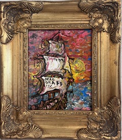 Peinture originale de bateau "Solaria" de Serg Graff  Cadre orné en or  Nautique