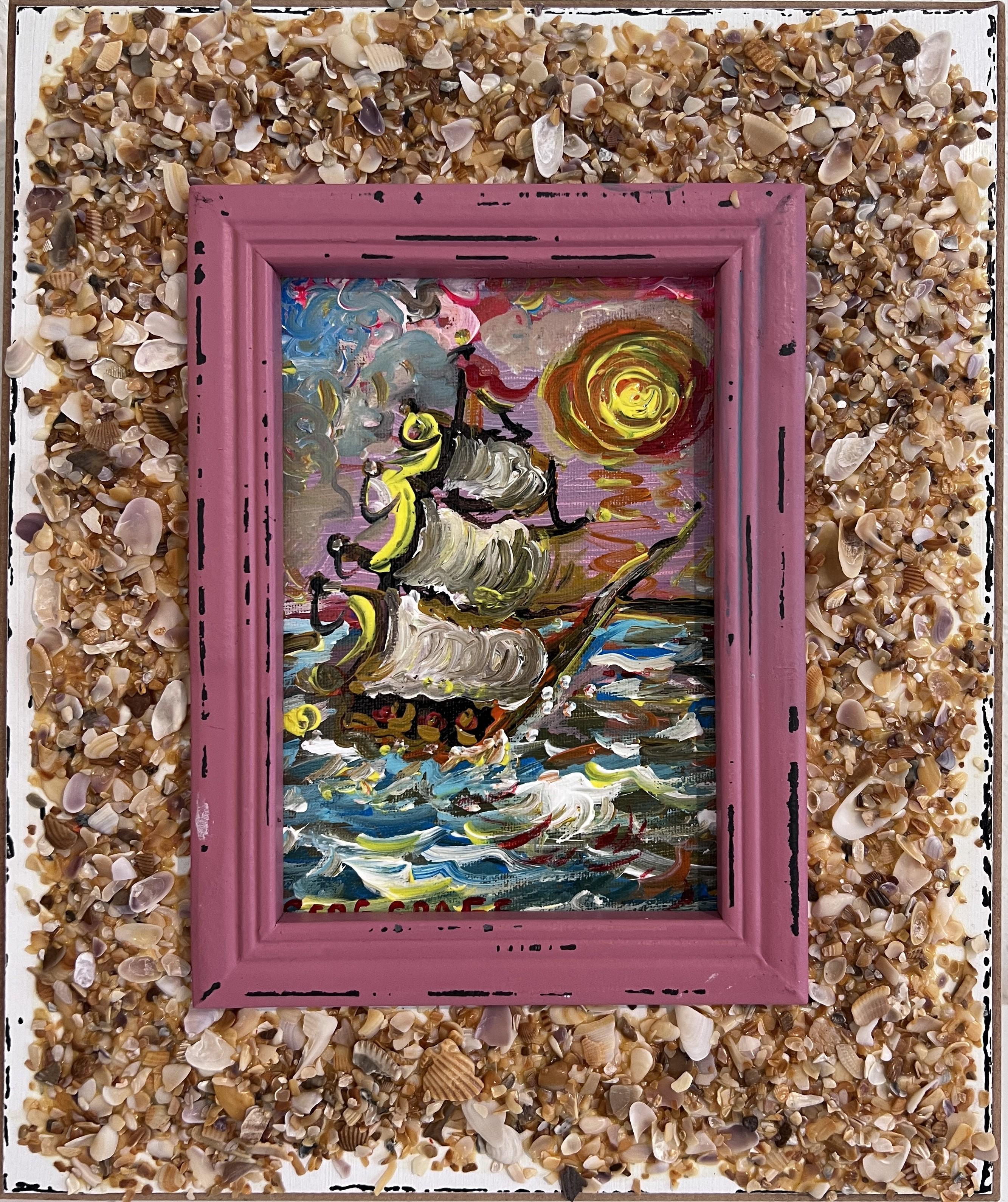 This unique small-format painting, titled “Yelmar”, is an original acrylic on canvas board by Serg Graff, known for his expressive nautical and symbolic compositions. The piece depicts a dynamic sailing ship riding vibrant, swirling waves beneath a