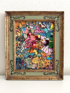 Serg Graff "Città addormentata" Pittura acrilica astratta incorniciata Outsider Art COA