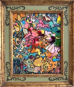 Serg Graff "Città addormentata" Pittura acrilica astratta incorniciata Outsider Art COA