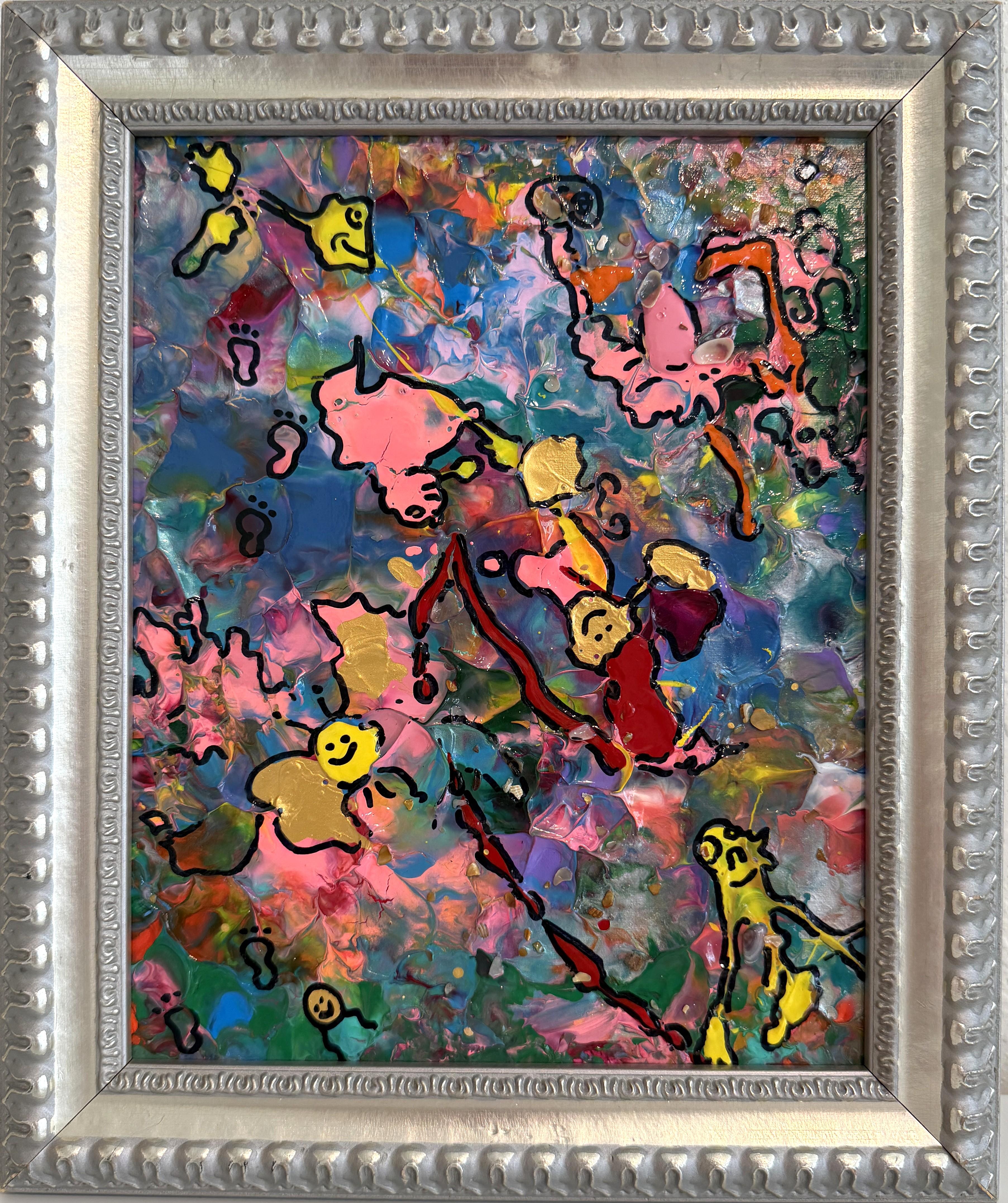 « Whose Tracks » est une peinture originale à l'acrylique sur carton entoilé issue de la collection de Serg Graff. Rempli de couleurs vives, de visages cachés, de symboles ludiques et de formes interconnectées, l'œuvre d'art invite les spectateurs